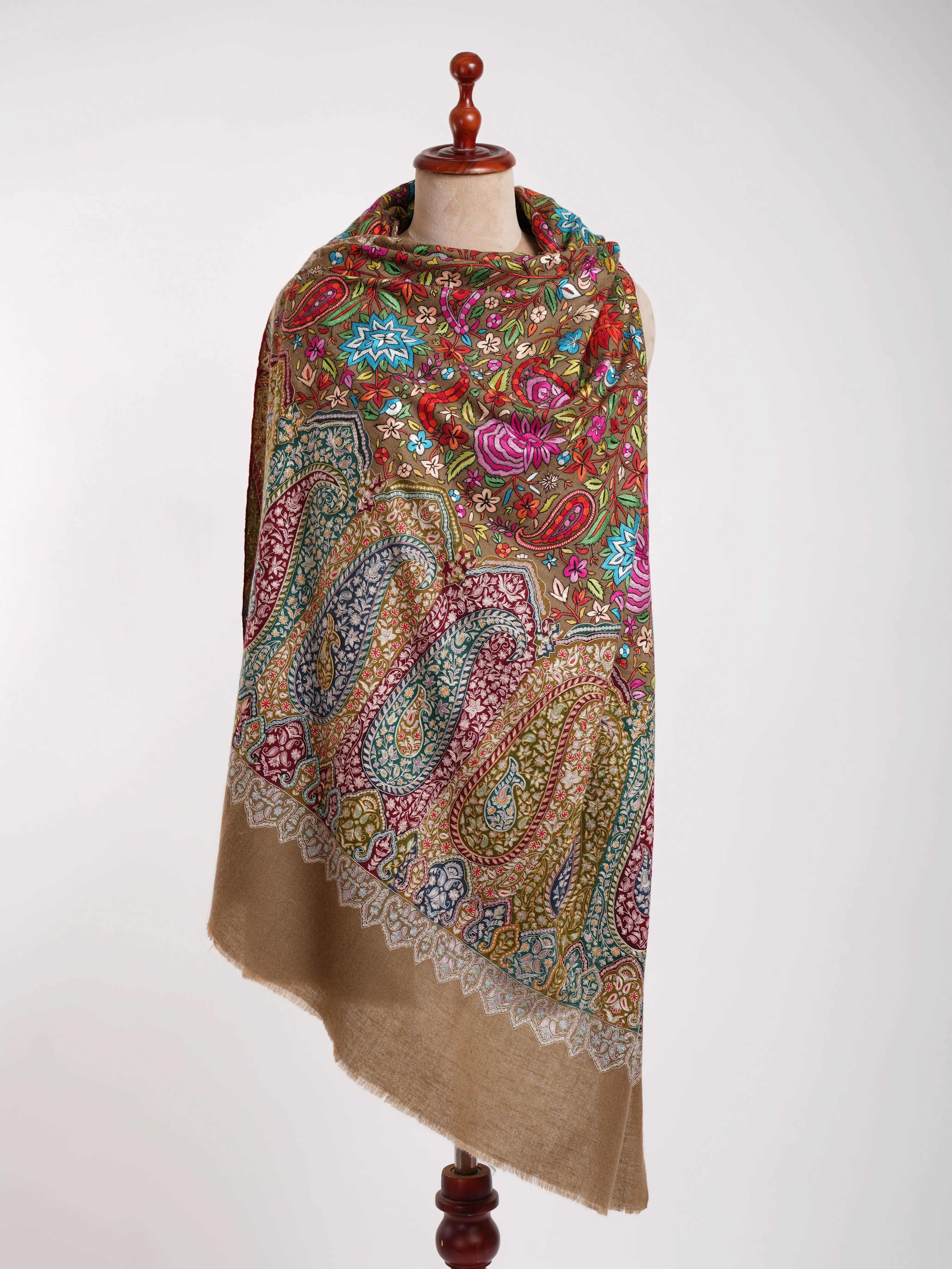 Papier-mâché and Kalamkari Fusion Pashmina Shawl Toosh Color