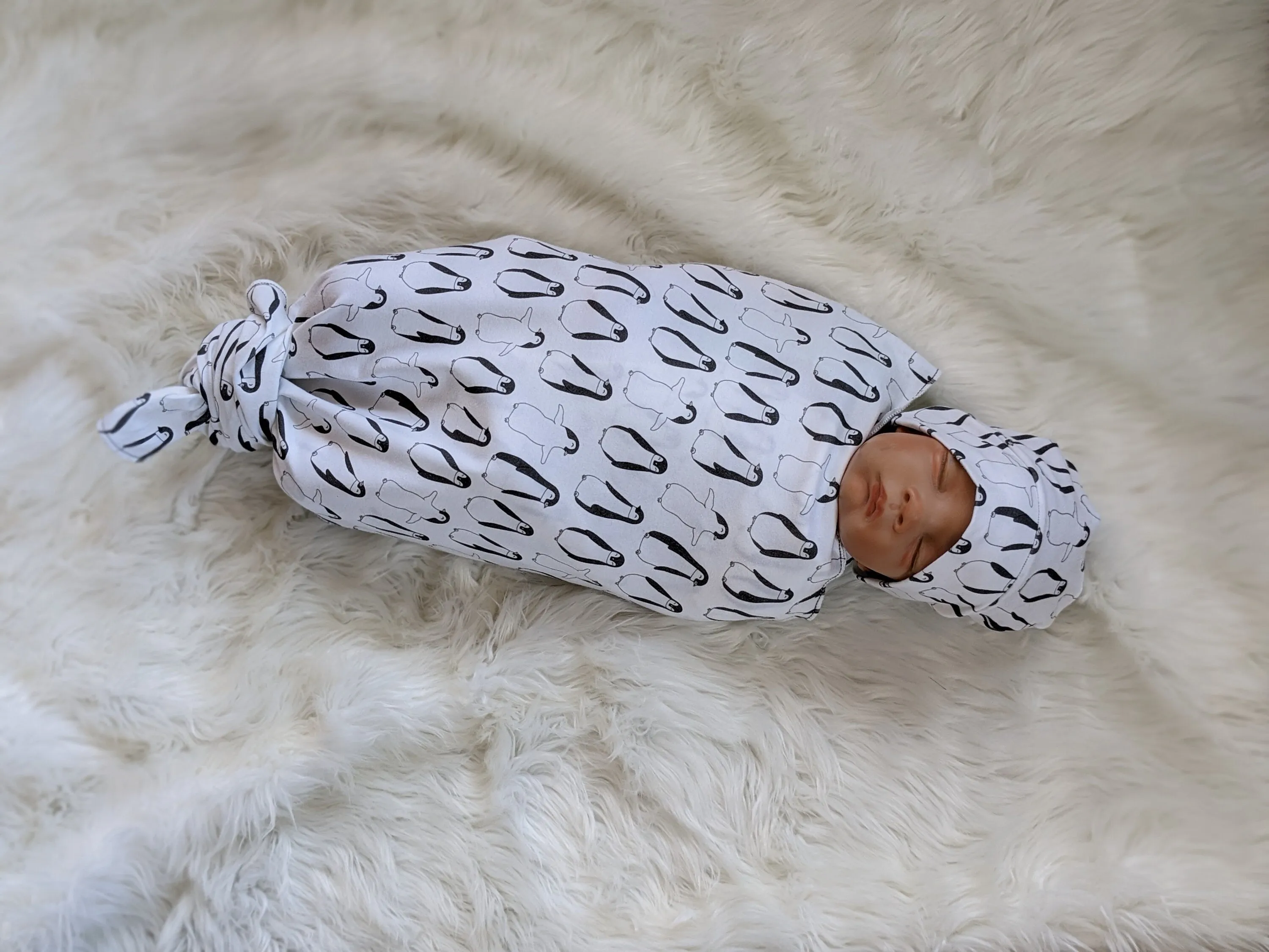 Penguin Baby Blanket and Swaddle Set with Hat or Headband - Black and White Scandi Style