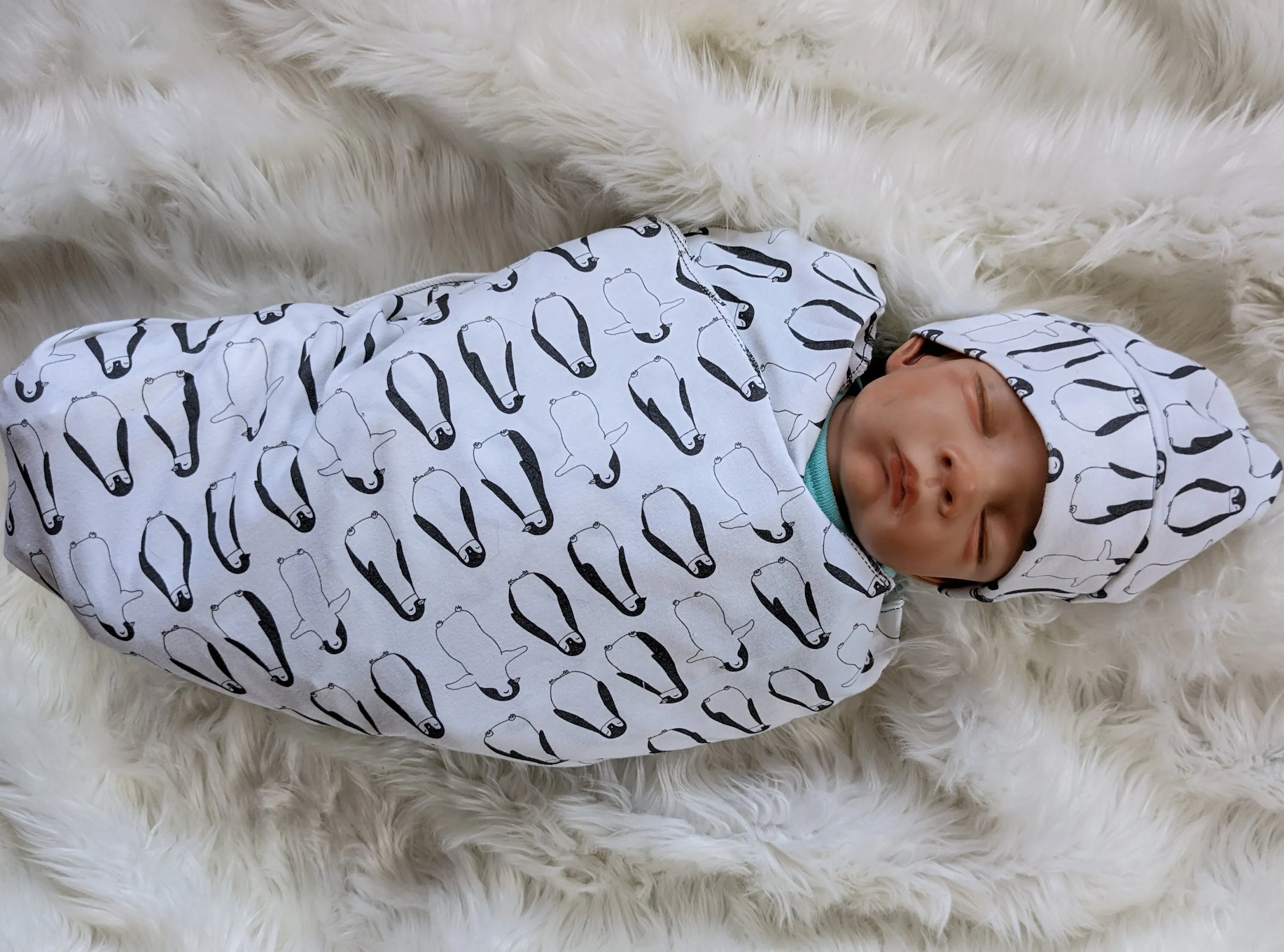 Penguin Baby Blanket and Swaddle Set with Hat or Headband - Black and White Scandi Style