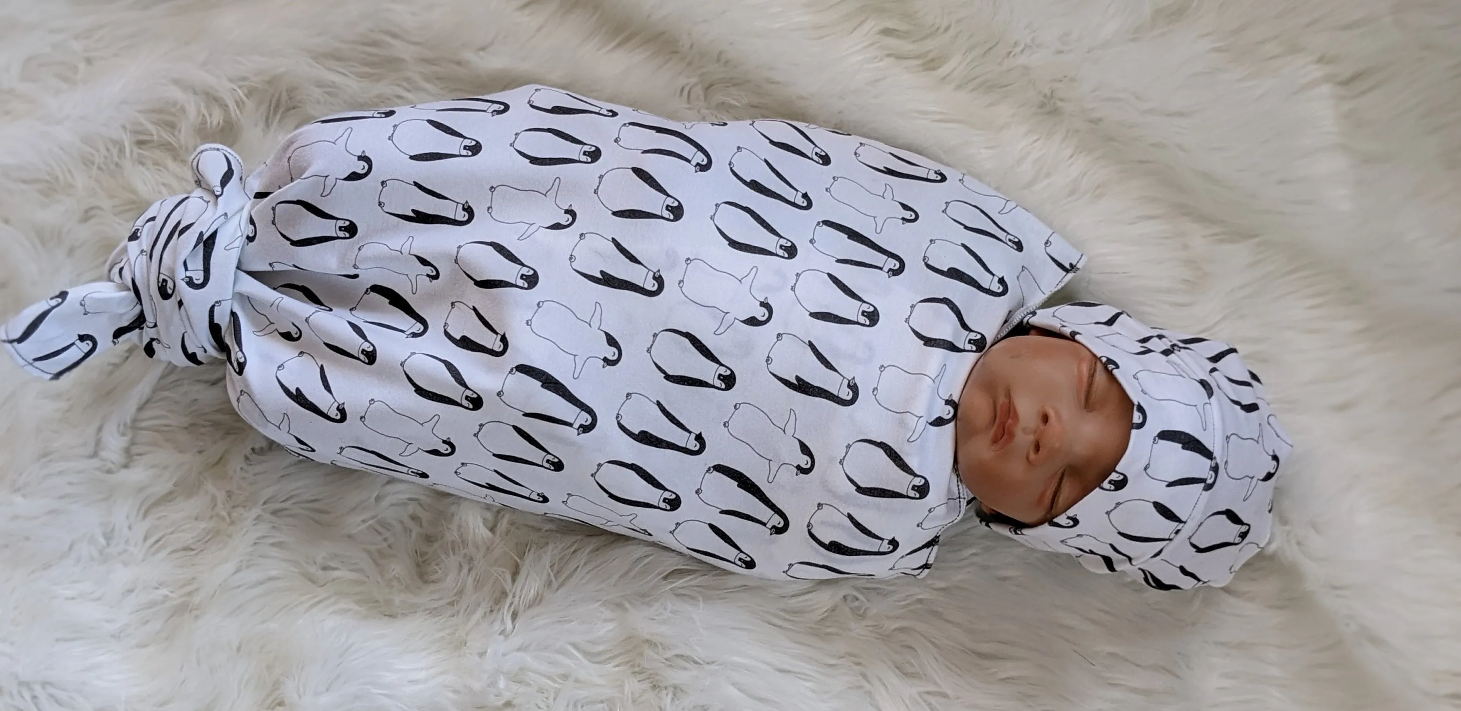 Penguin Baby Blanket and Swaddle Set with Hat or Headband - Black and White Scandi Style