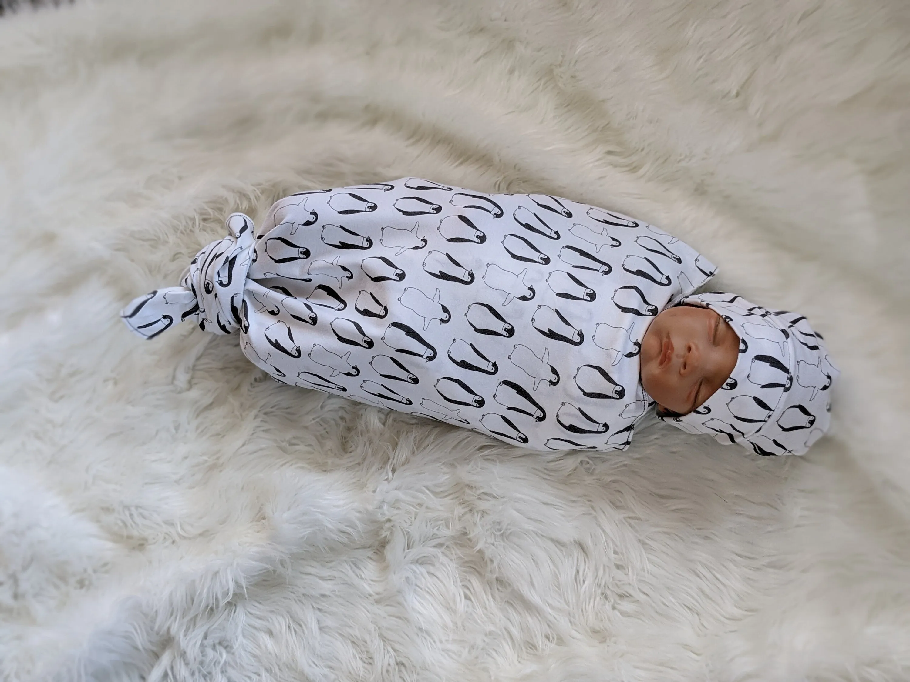 Penguin Baby Blanket and Swaddle Set with Hat or Headband - Black and White Scandi Style