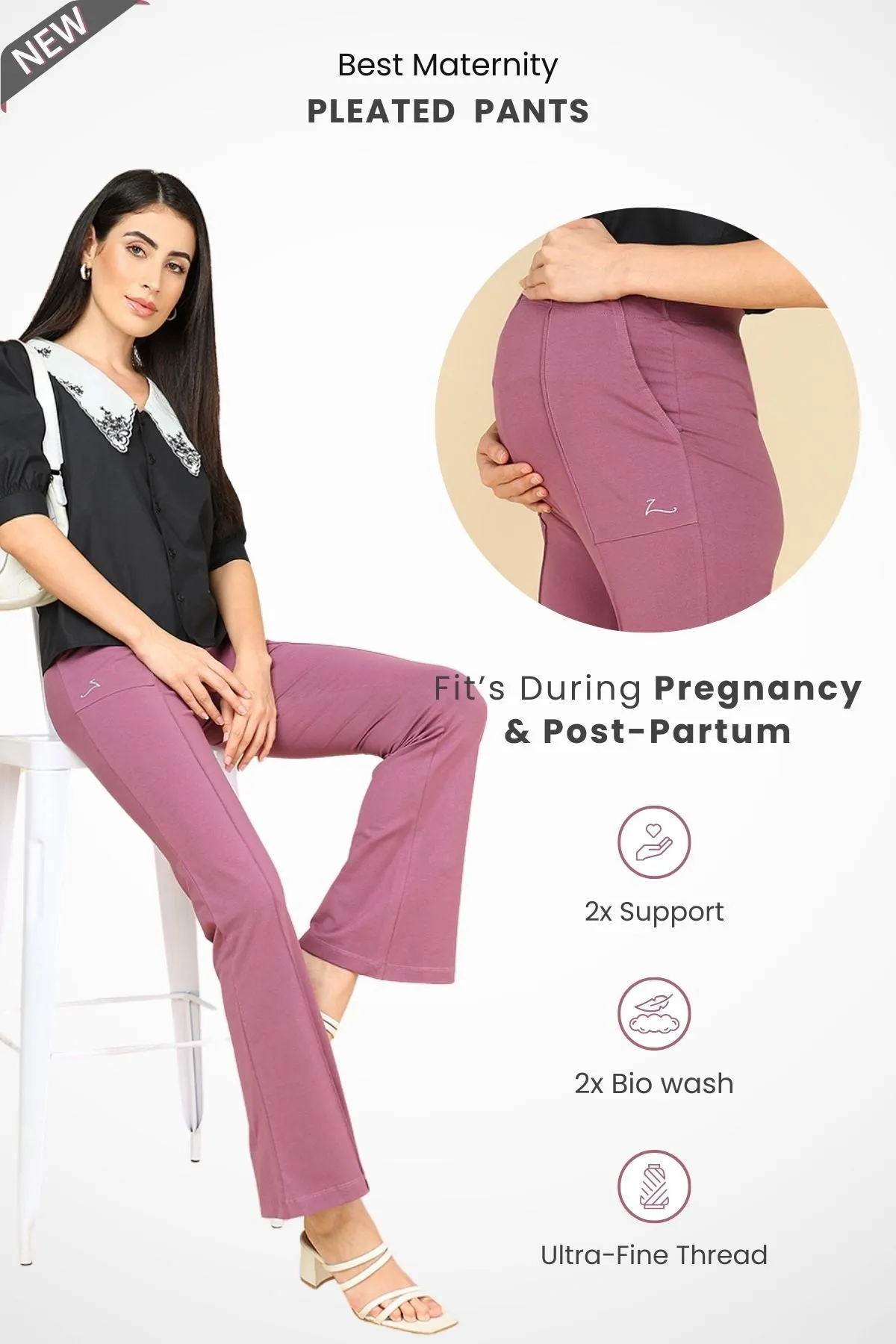 Pleated Pants Cotton Rosewood Maternity Pants (Pregnancy & Postpartum)