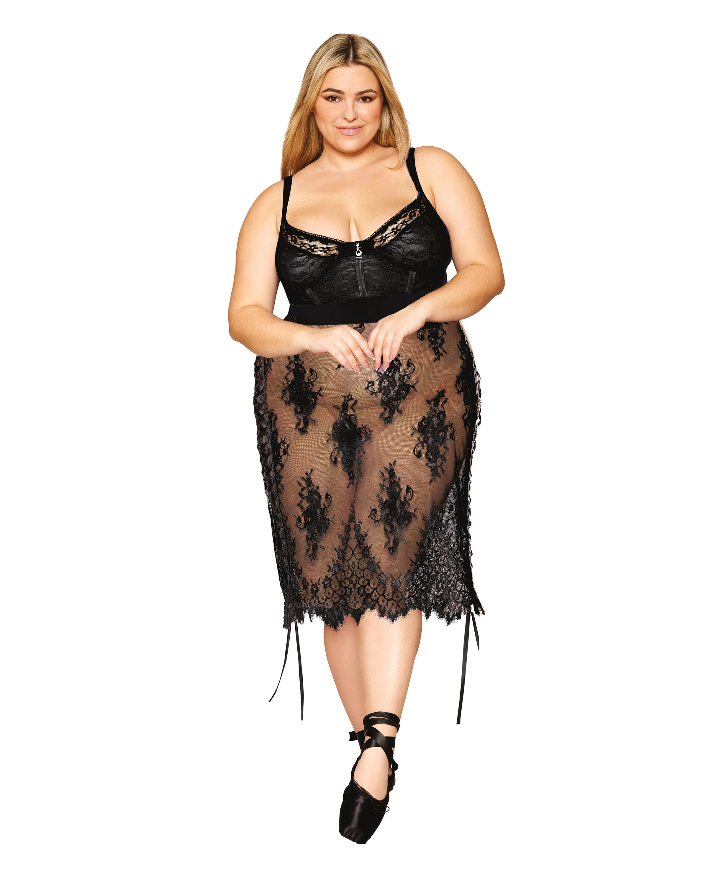 Plus Size Floral Lace and Stretch Velvet Slip Chemise