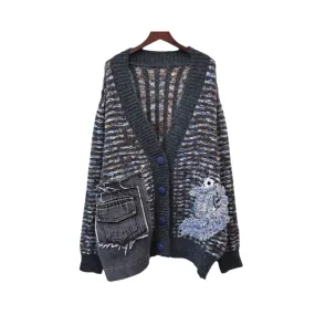 Pre Order:  Striped V-Neck Animal Loose Knitted Cardigan