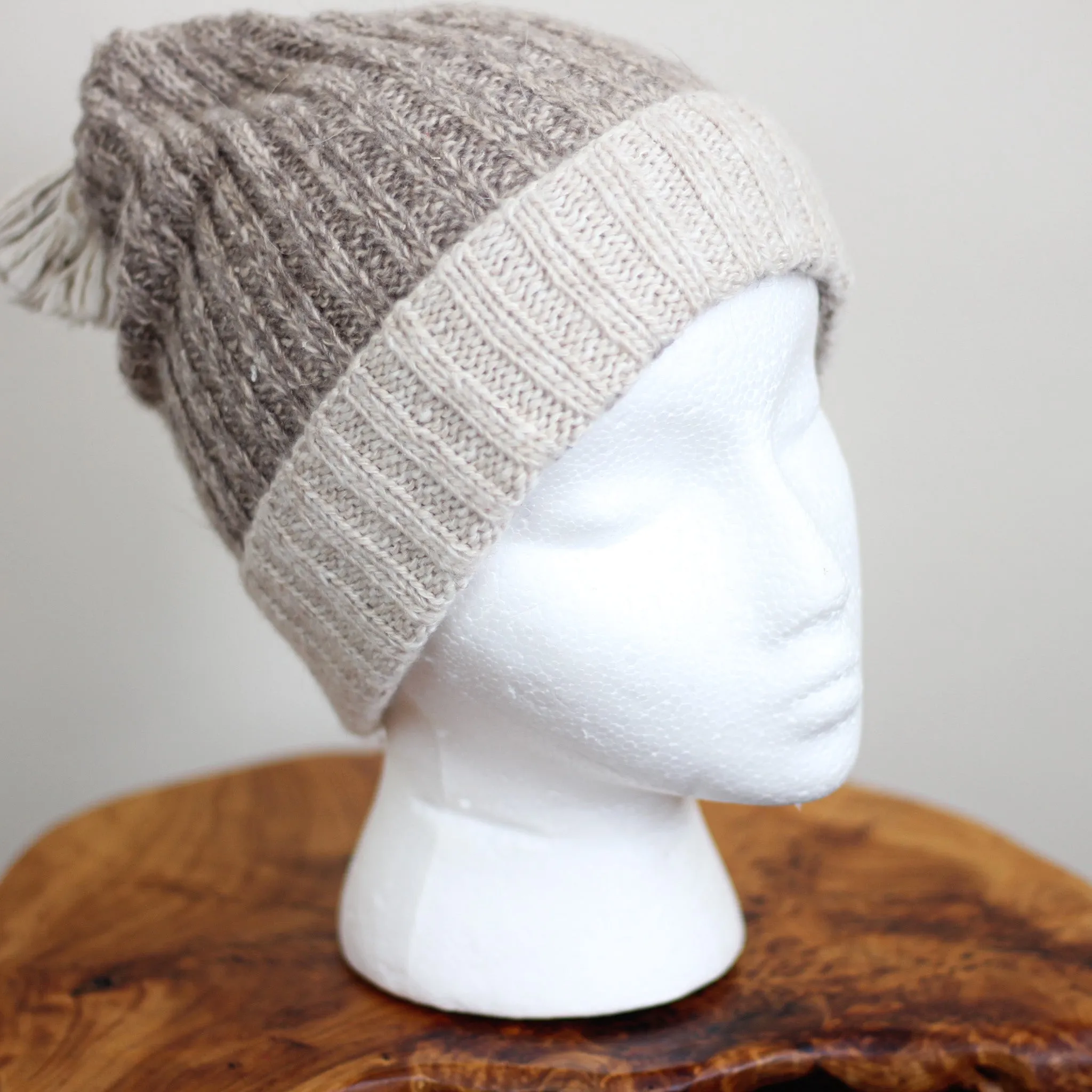 Pure Cashmere Hat with Pom Pom - 100% Pashmina Cashmere Beanie from Ladakh Himalayas | Grayish Brown