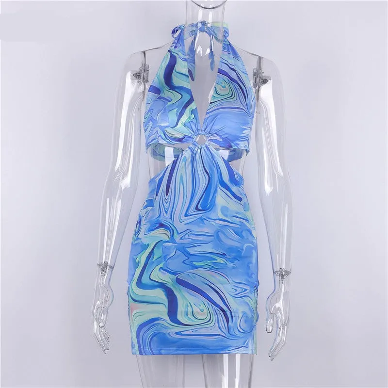 Purpdrank - Tie Dye Printed Mini Bodycon Dress Festival Outfits Party Club For Women Backless Halter Cut Out Sexy Summer Dress