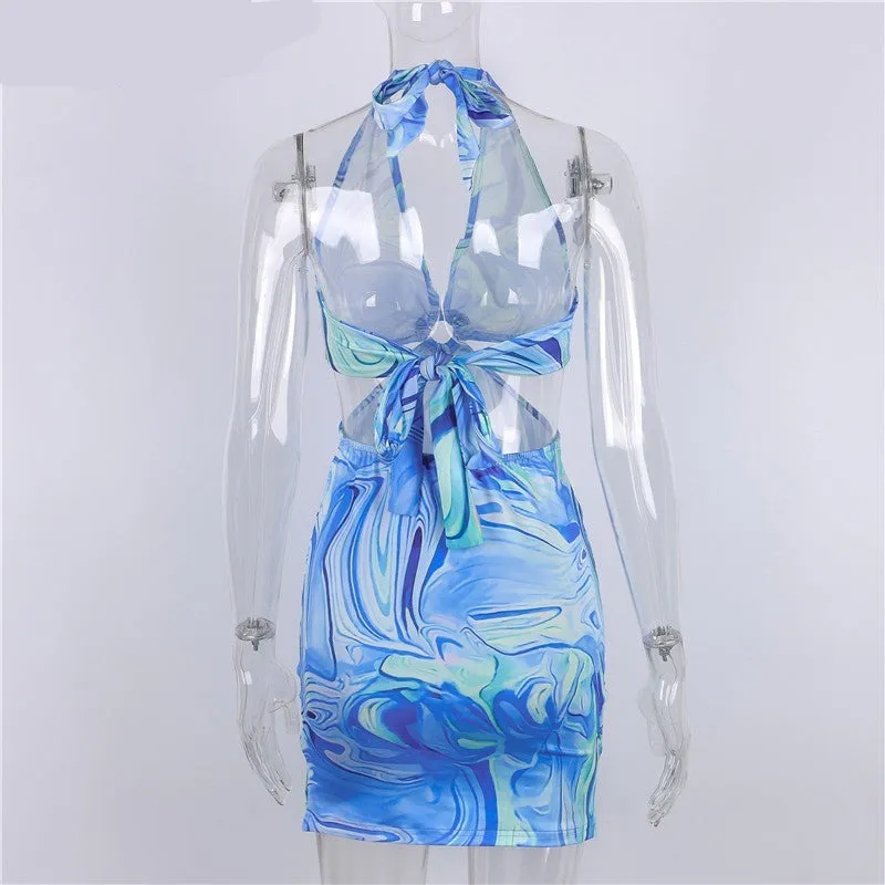 Purpdrank - Tie Dye Printed Mini Bodycon Dress Festival Outfits Party Club For Women Backless Halter Cut Out Sexy Summer Dress