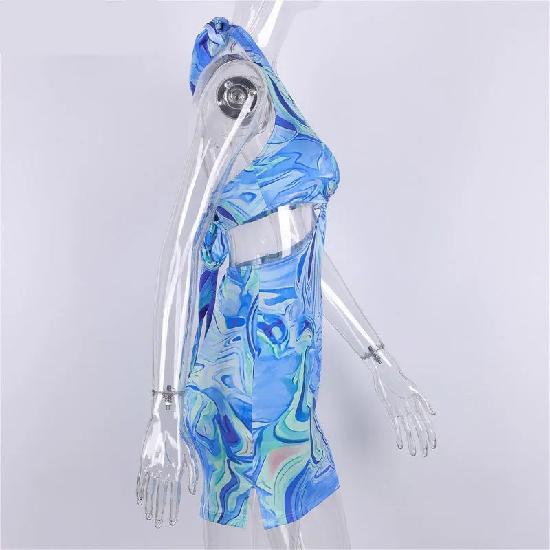 Purpdrank - Tie Dye Printed Mini Bodycon Dress Festival Outfits Party Club For Women Backless Halter Cut Out Sexy Summer Dress