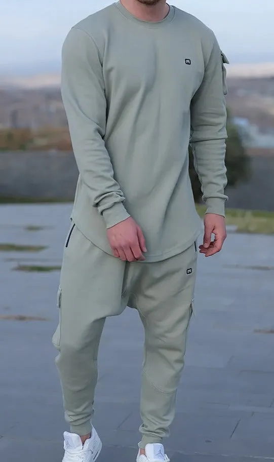 QL Sniper Set Cargo Joggers and Longline Top in Almond Green