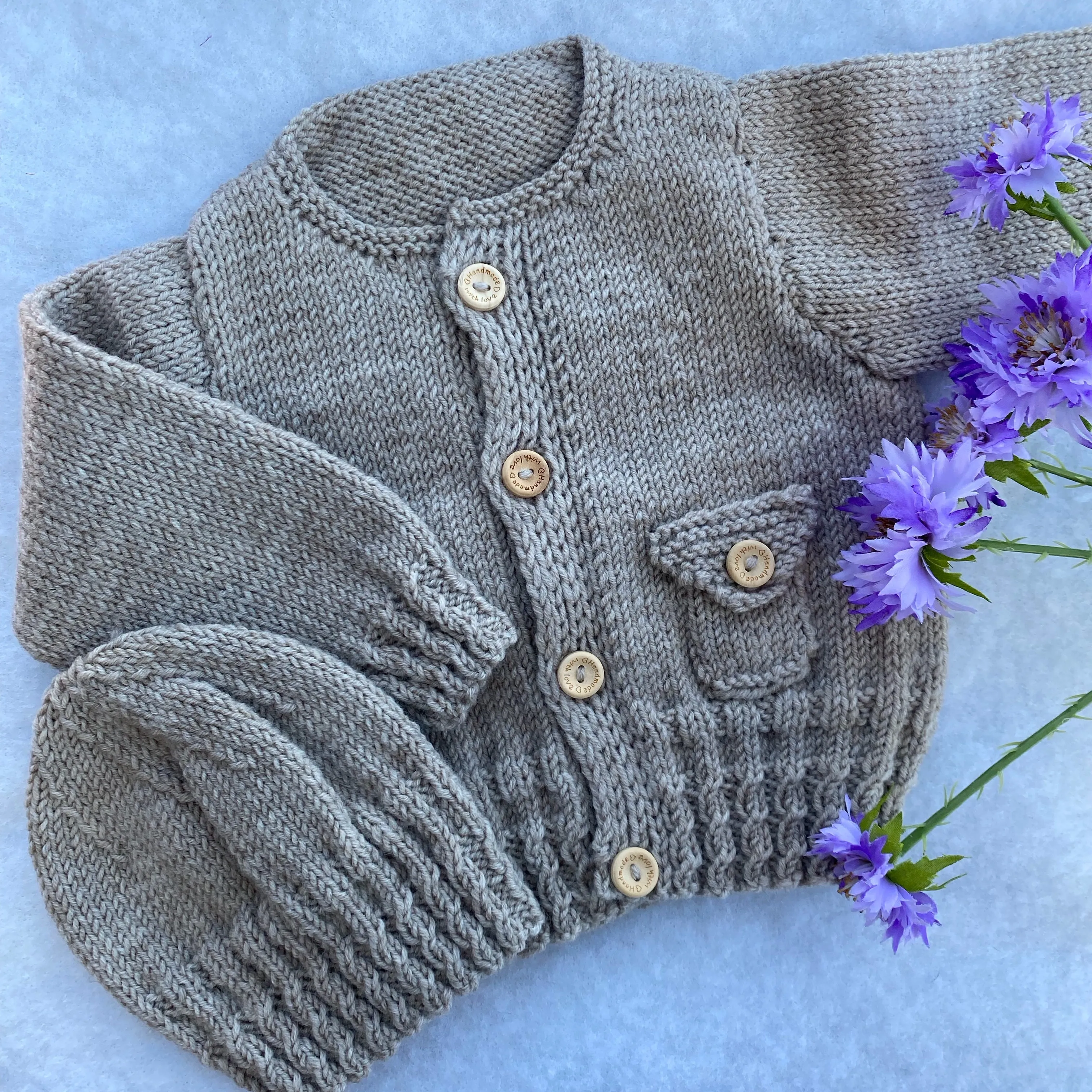 "Boston" hand knit merino baby cardigan & hat set (6-9m)