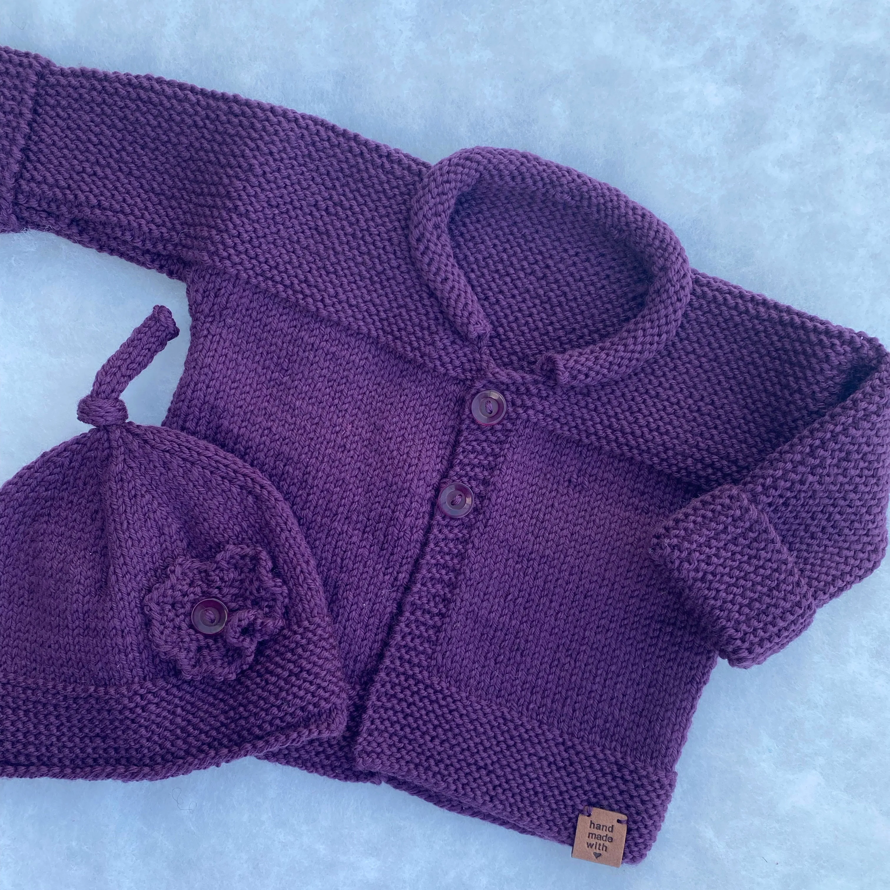 "Inspiration Range" - Classic merino baby cardigan and hat set (3-6m)