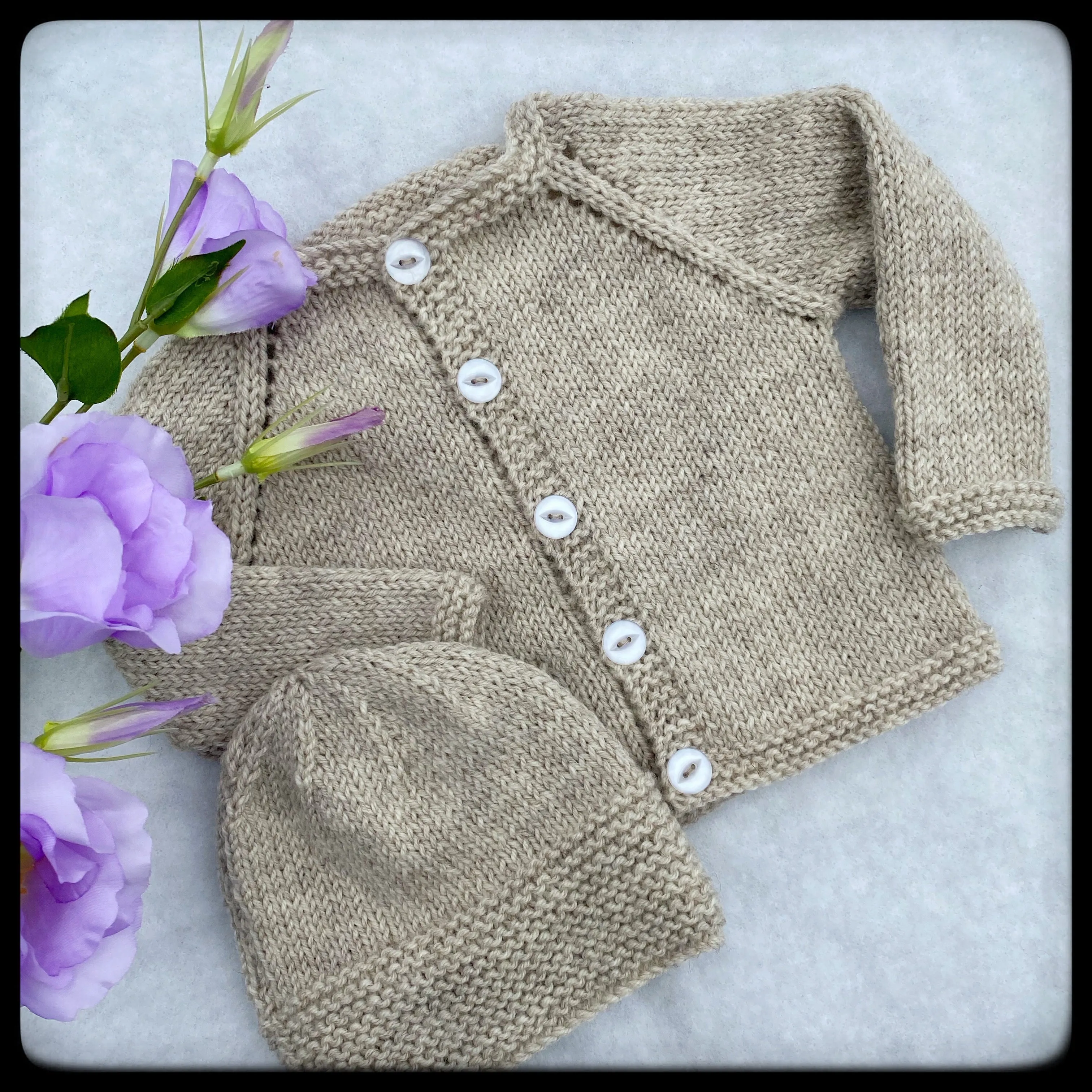 "Parker" eyelet sleeve baby cardigan and beanie set