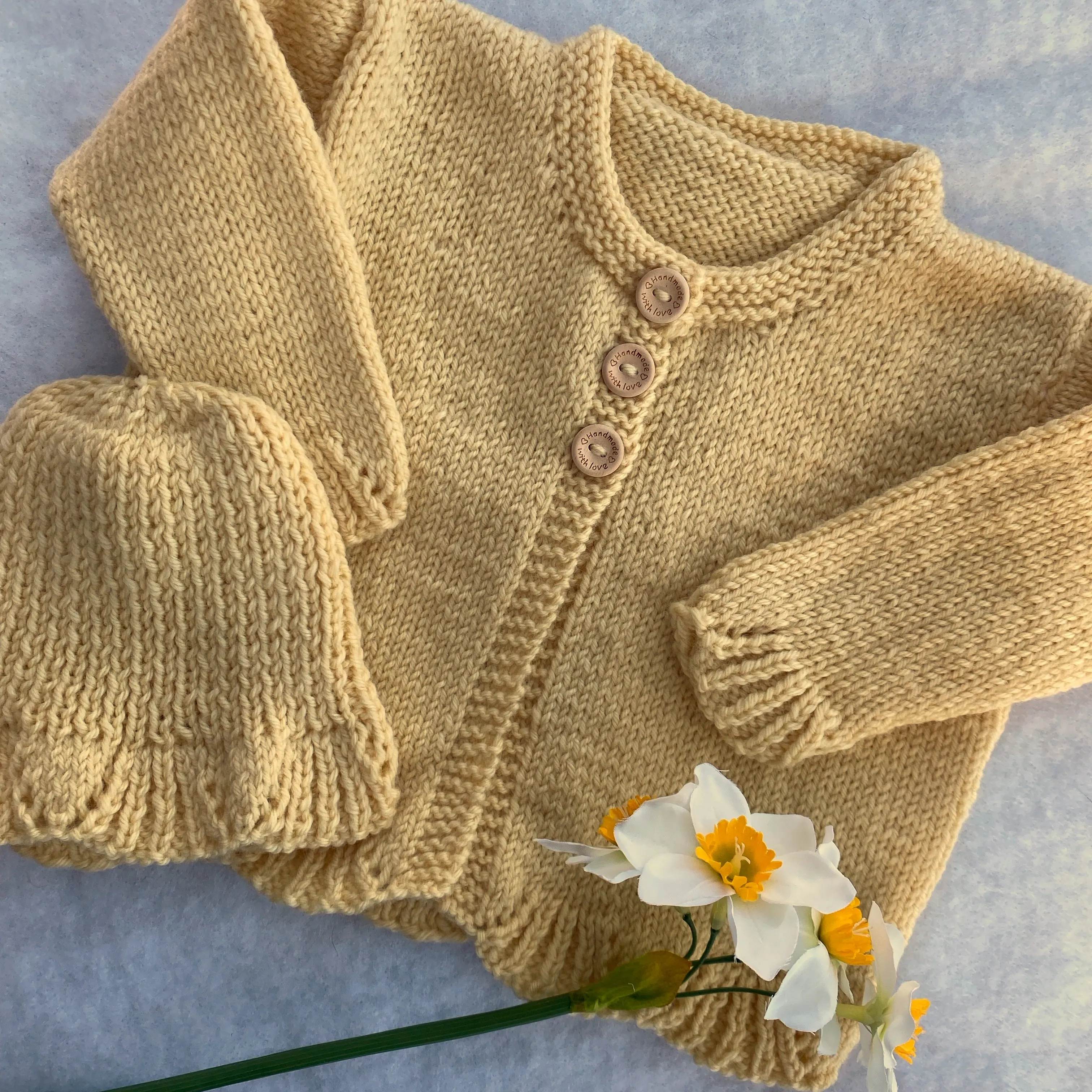 "Poppy" hand knit merino baby cardigan & hat set