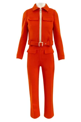 Rare 1970s Courreges Hyperbole Bright Orange Wool Jumpsuit & Matching Cropped Jacket