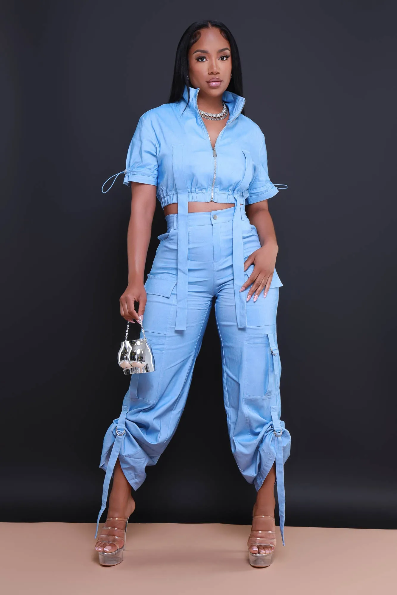 Runner Up Cropped Cargo Pants Set - Light Blue Denim