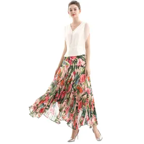 S069-2 Women floral print panelled asymmetric pleated ruffle long flare skirt