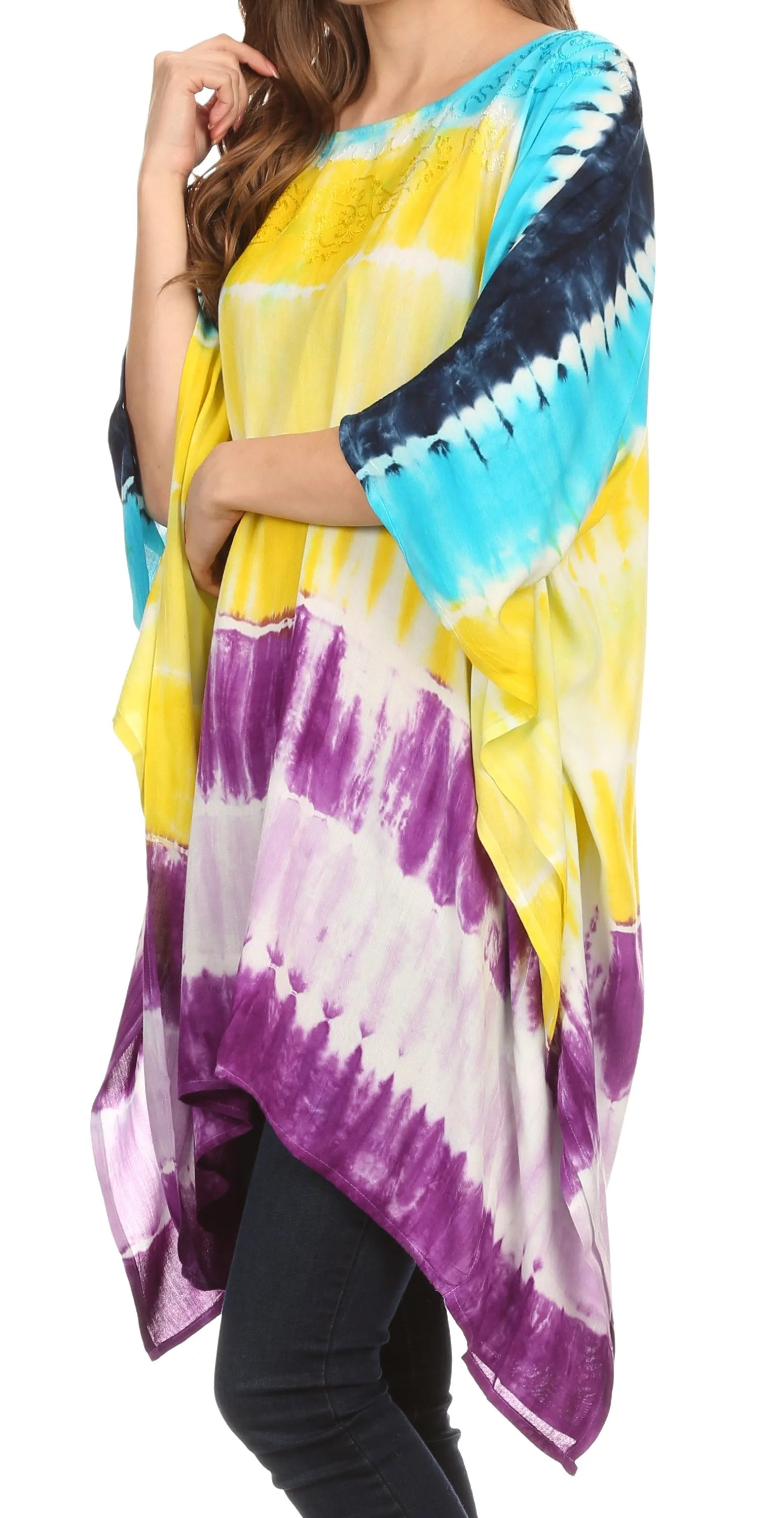 Sakkas Kalinda Embroidered Tie Dye Loose Fit Caftan Poncho Tunic Top / Cover-Up