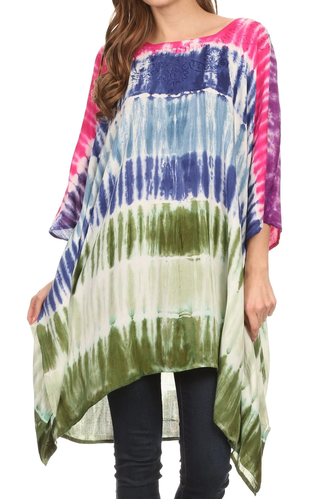 Sakkas Kalinda Embroidered Tie Dye Loose Fit Caftan Poncho Tunic Top / Cover-Up