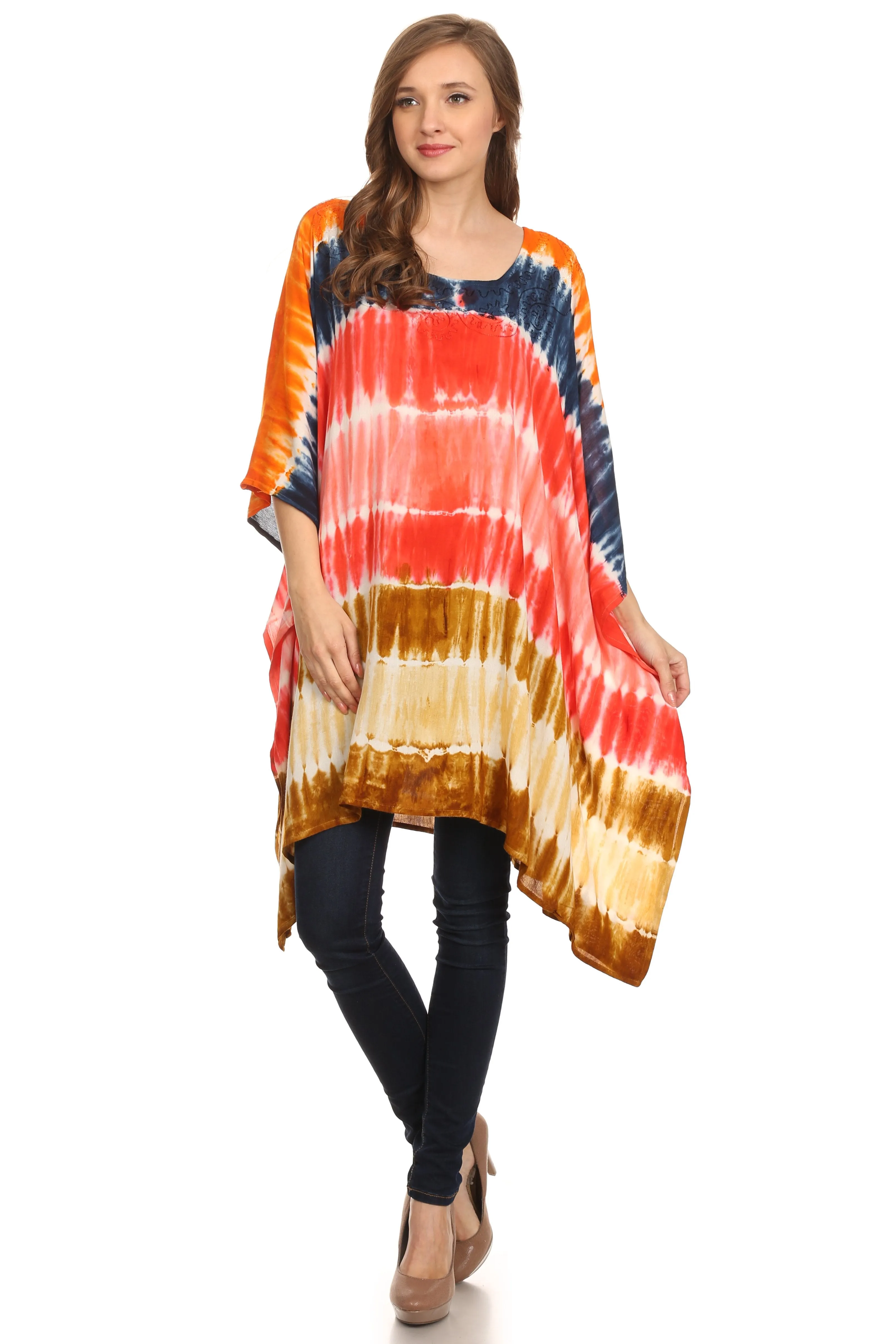 Sakkas Kalinda Embroidered Tie Dye Loose Fit Caftan Poncho Tunic Top / Cover-Up