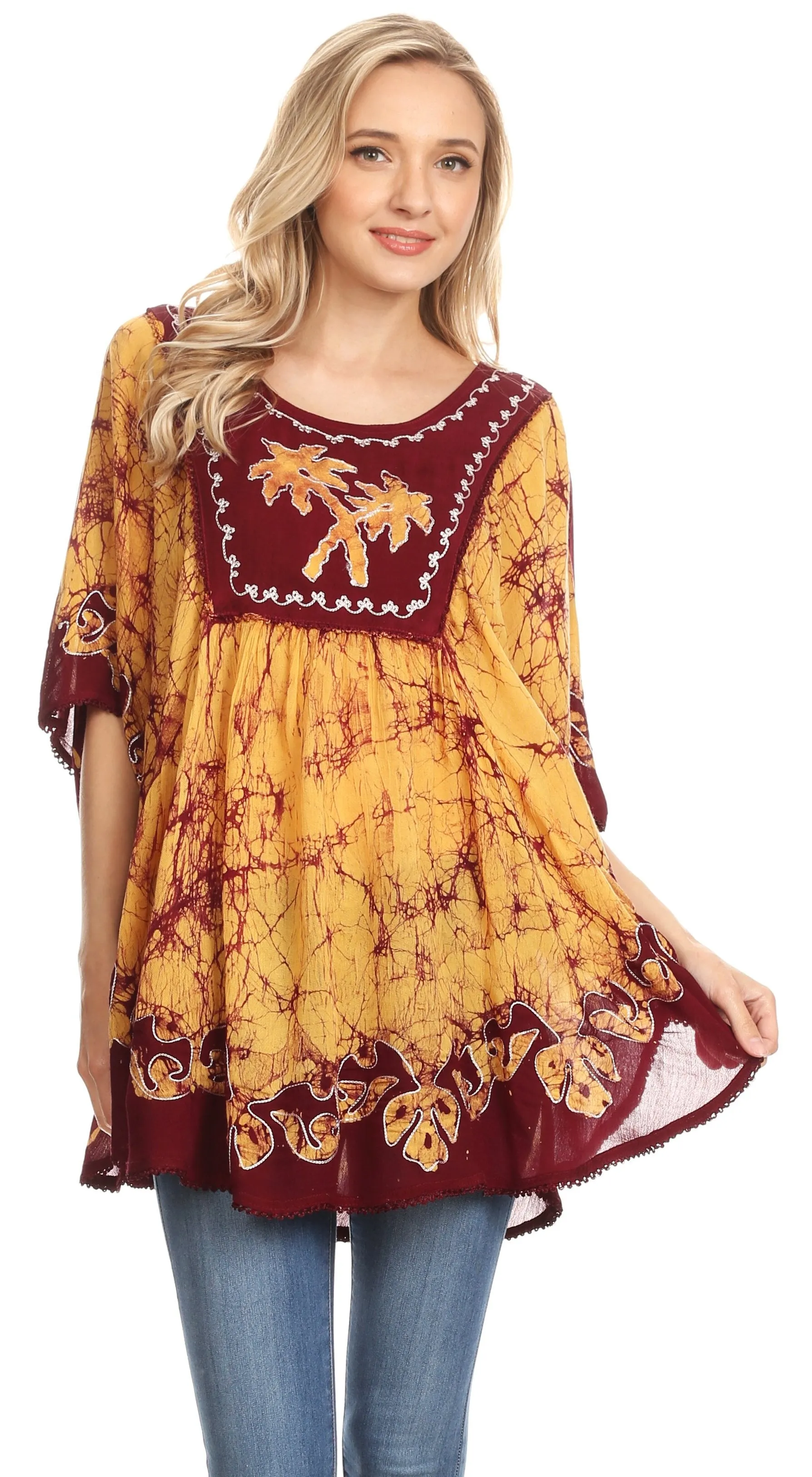 Sakkas Lynda Two Tone Batik Embroidered Palm Tree Peasant Top / Poncho