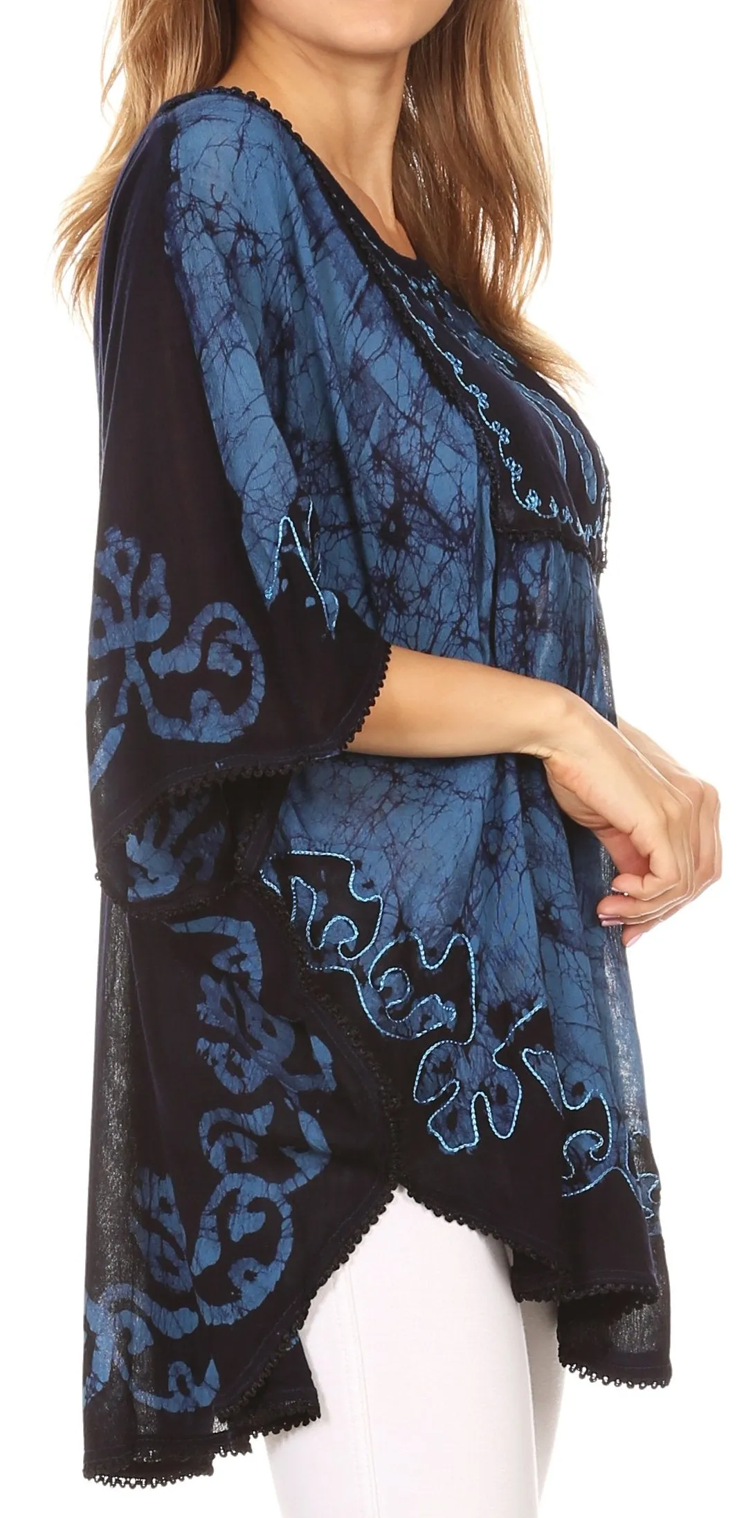 Sakkas Lynda Two Tone Batik Embroidered Palm Tree Peasant Top / Poncho