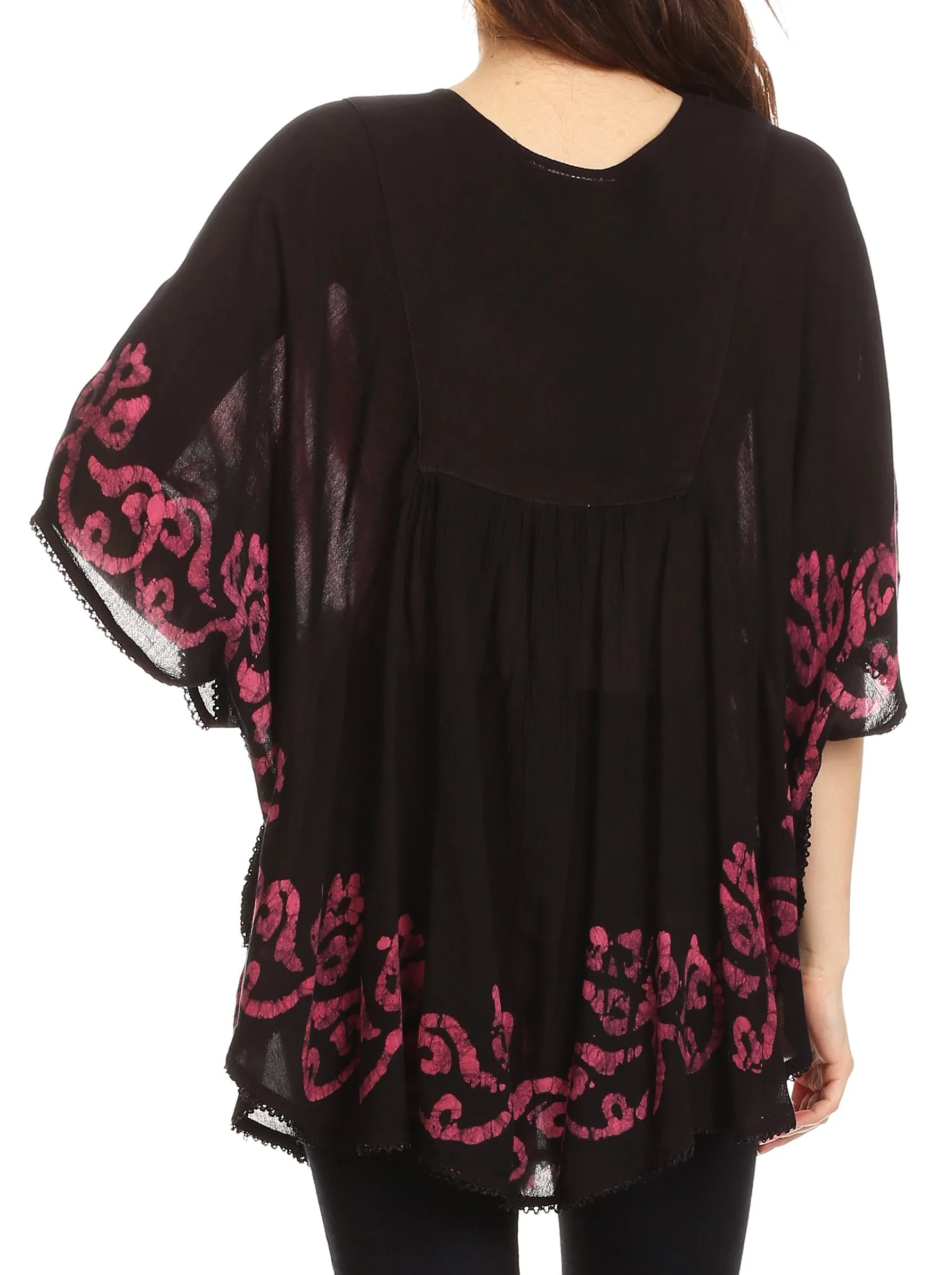 Sakkas Lynda Two Tone Batik Embroidered Palm Tree Peasant Top / Poncho