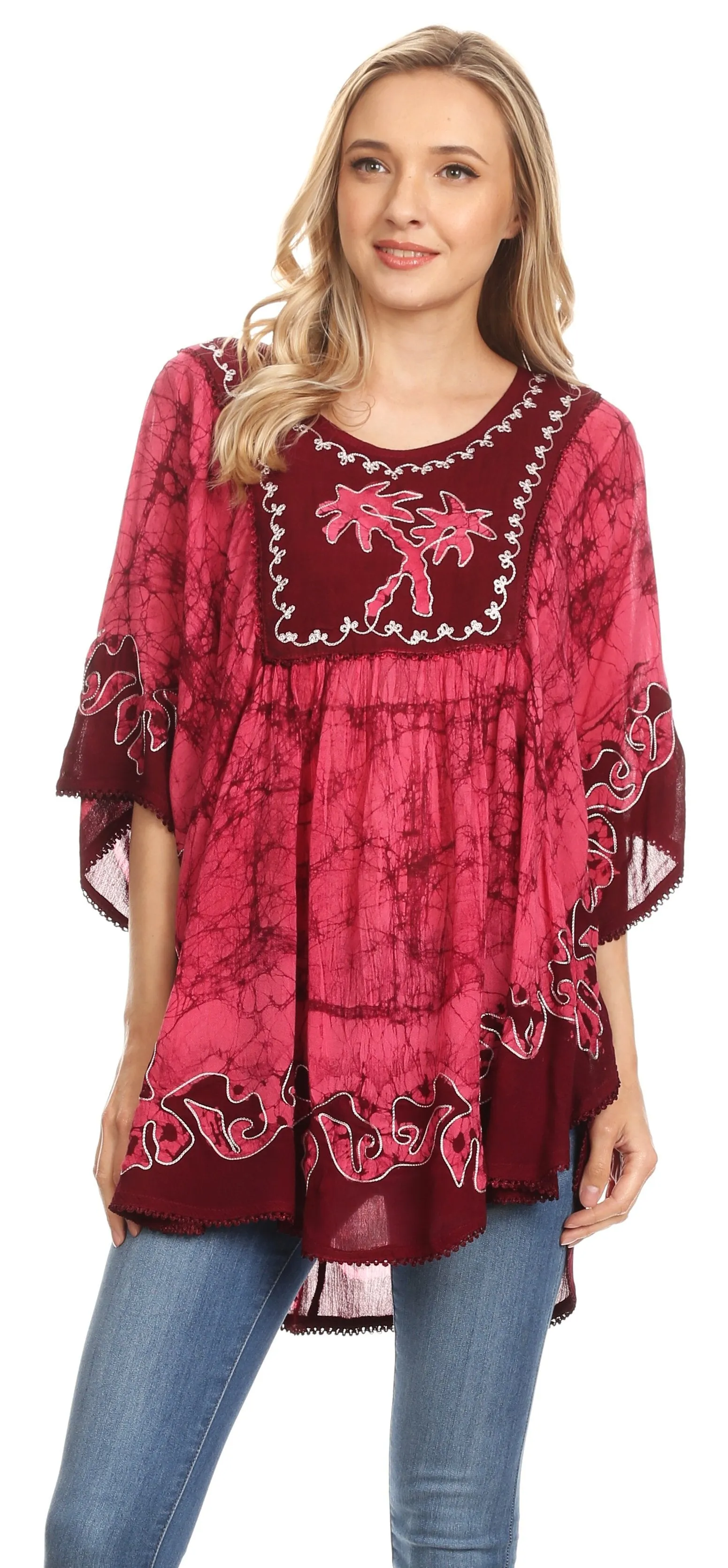 Sakkas Lynda Two Tone Batik Embroidered Palm Tree Peasant Top / Poncho