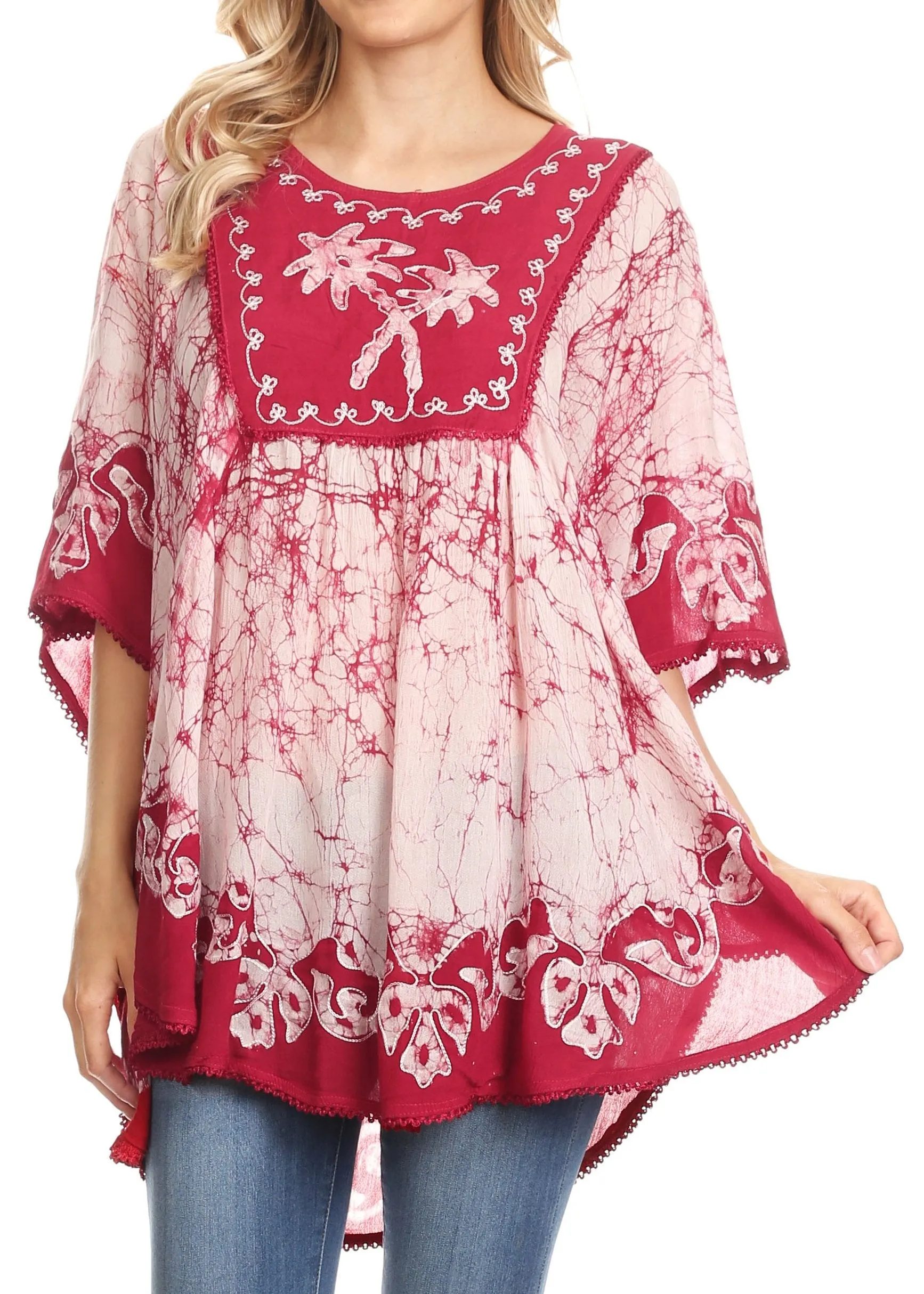 Sakkas Lynda Two Tone Batik Embroidered Palm Tree Peasant Top / Poncho