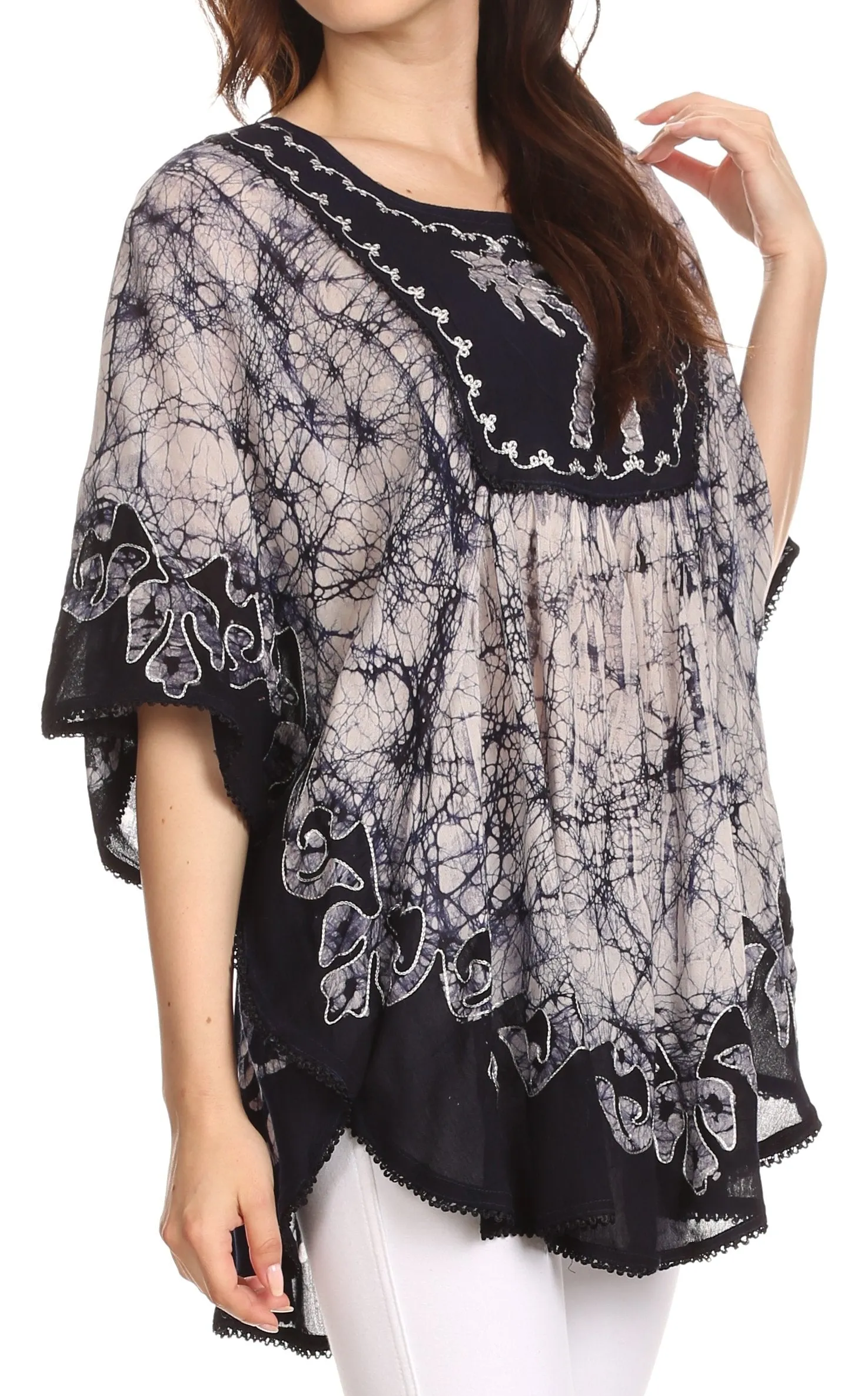 Sakkas Lynda Two Tone Batik Embroidered Palm Tree Peasant Top / Poncho