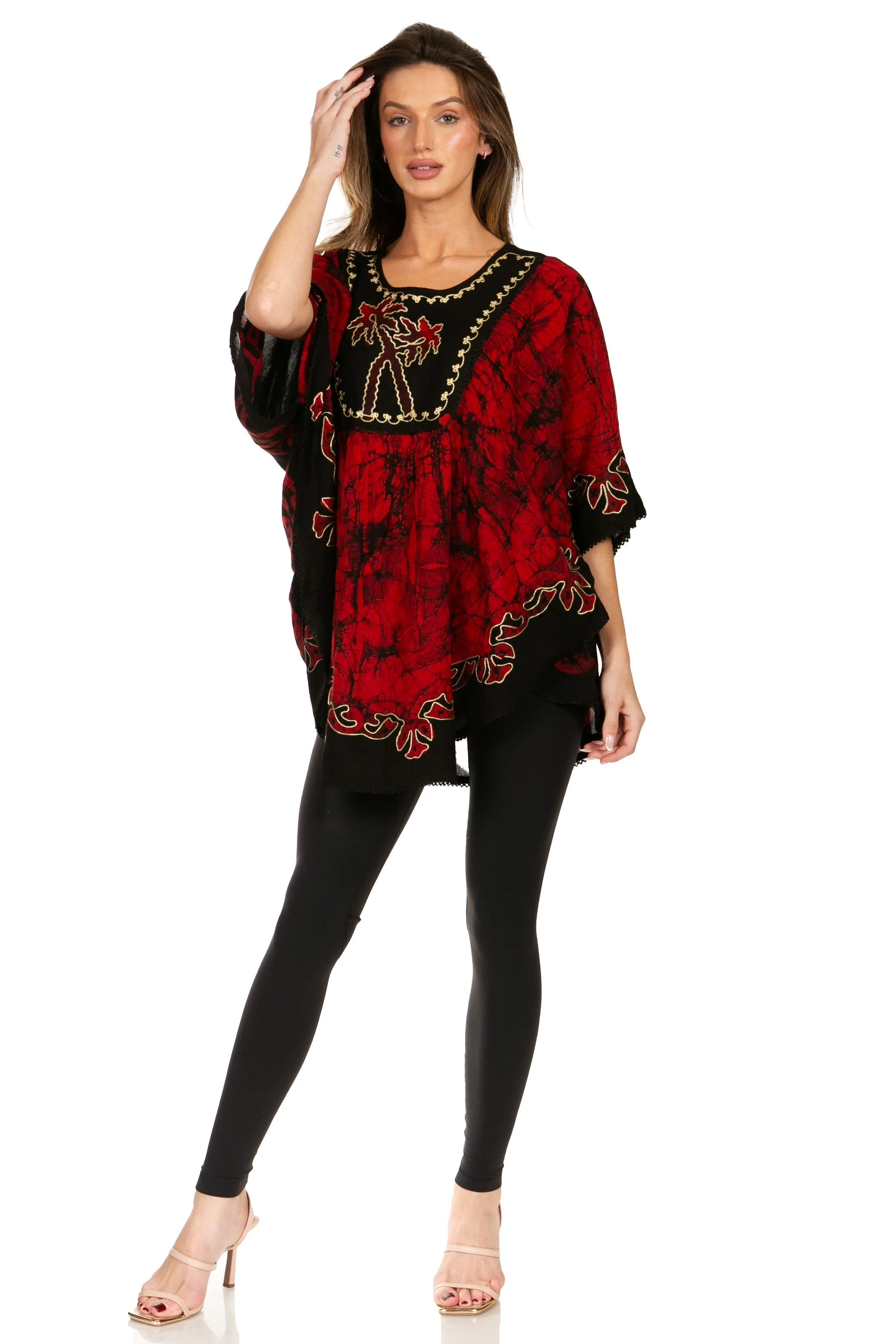 Sakkas Lynda Two Tone Batik Embroidered Palm Tree Peasant Top / Poncho