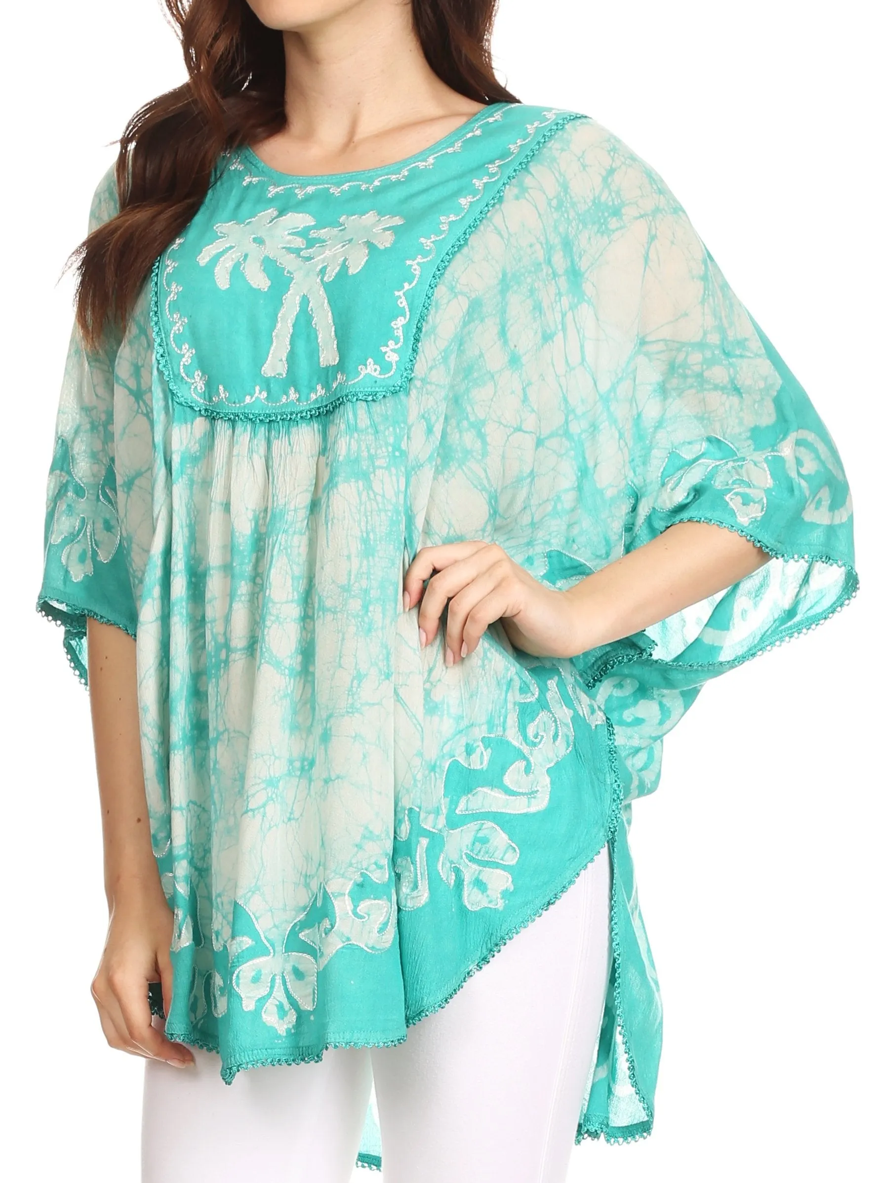 Sakkas Lynda Two Tone Batik Embroidered Palm Tree Peasant Top / Poncho