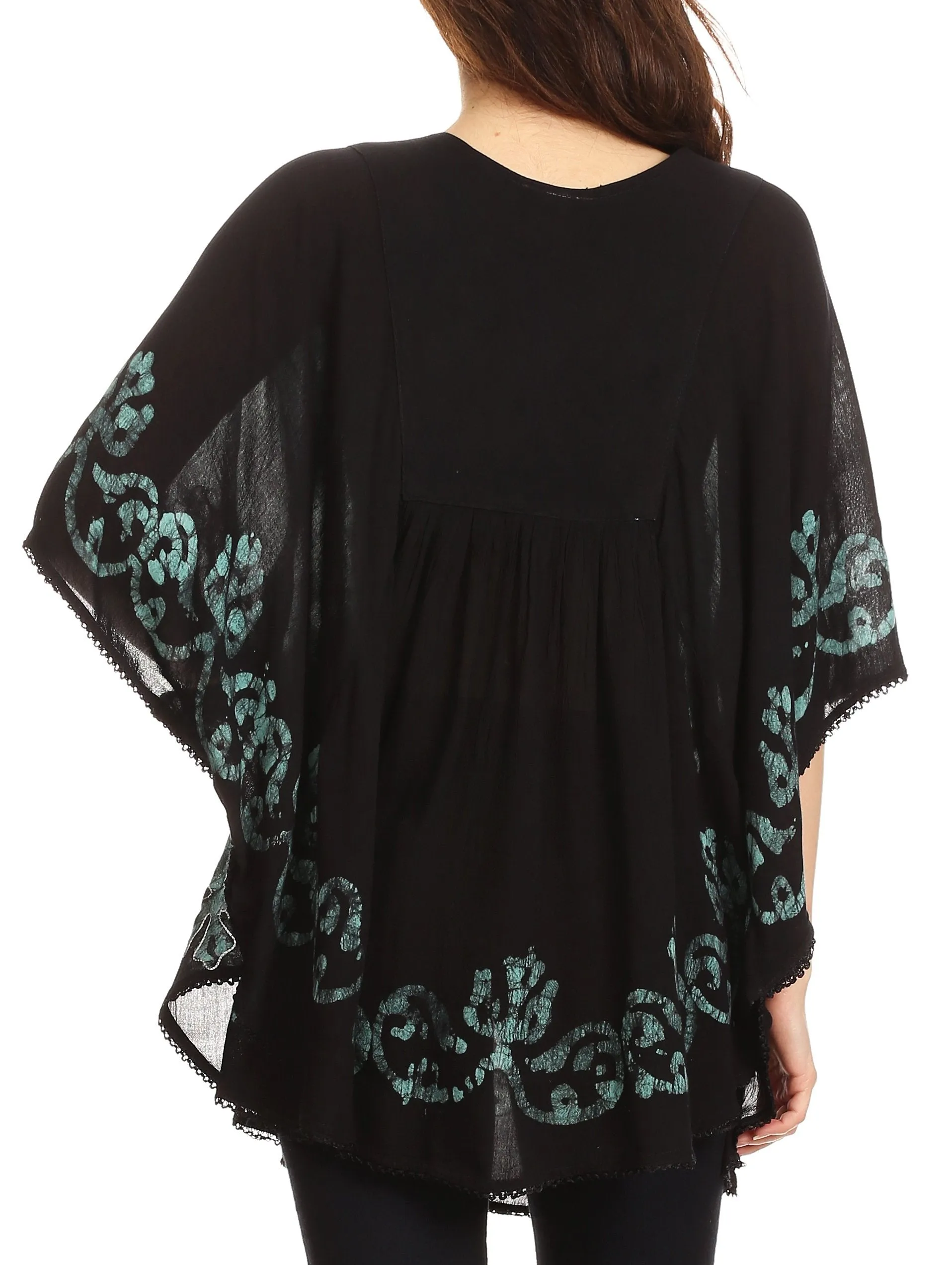 Sakkas Lynda Two Tone Batik Embroidered Palm Tree Peasant Top / Poncho