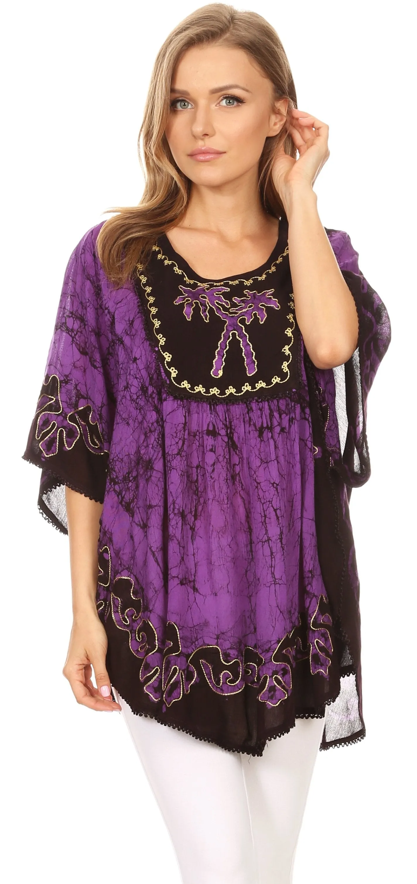 Sakkas Lynda Two Tone Batik Embroidered Palm Tree Peasant Top / Poncho