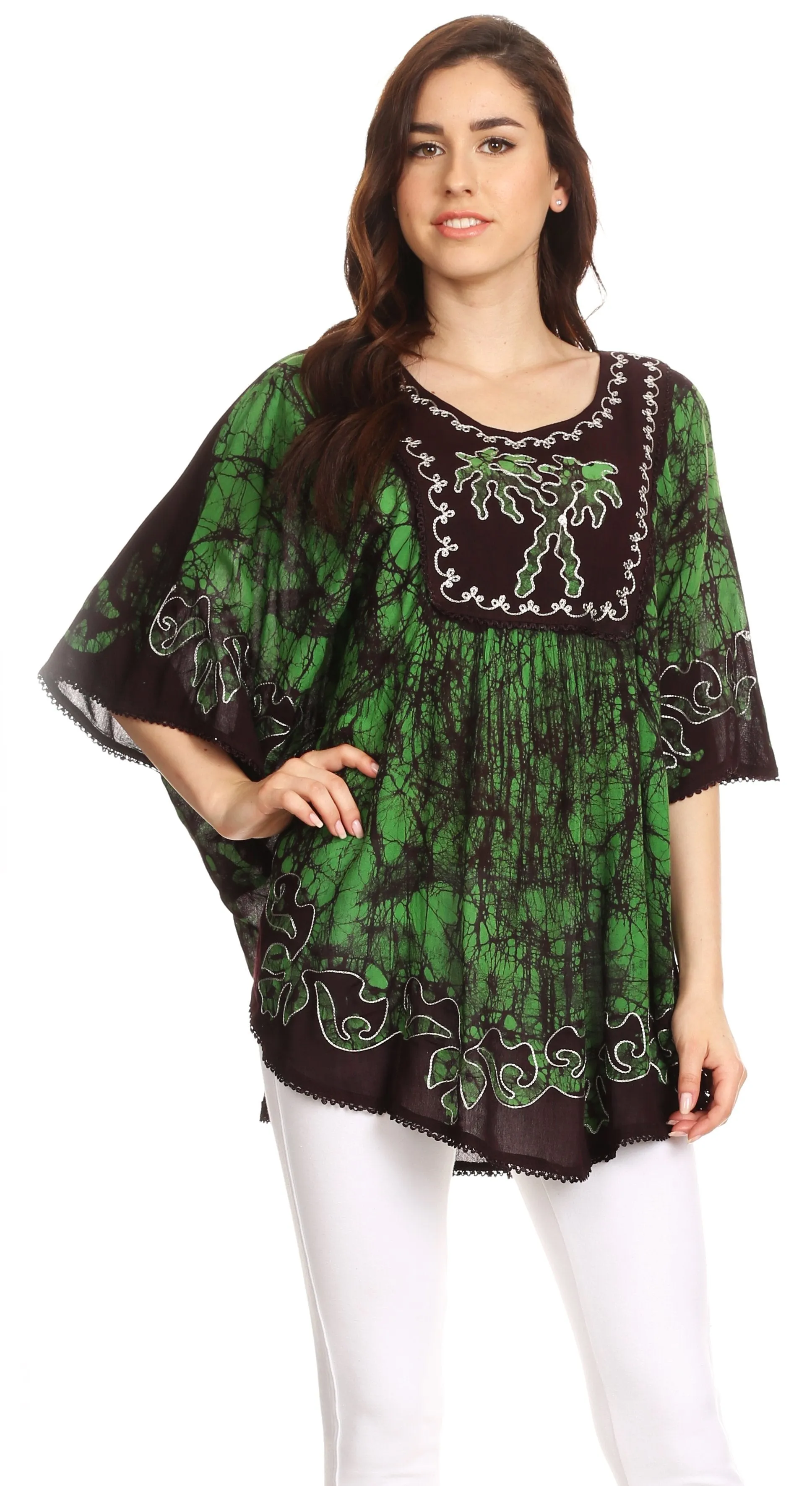 Sakkas Lynda Two Tone Batik Embroidered Palm Tree Peasant Top / Poncho