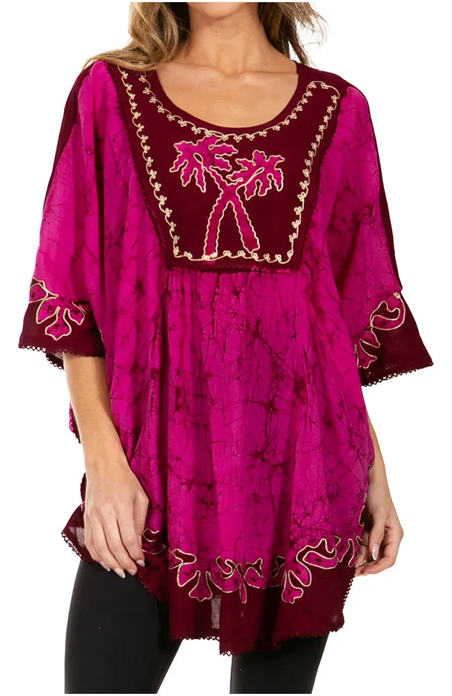 Sakkas Lynda Two Tone Batik Embroidered Palm Tree Peasant Top / Poncho