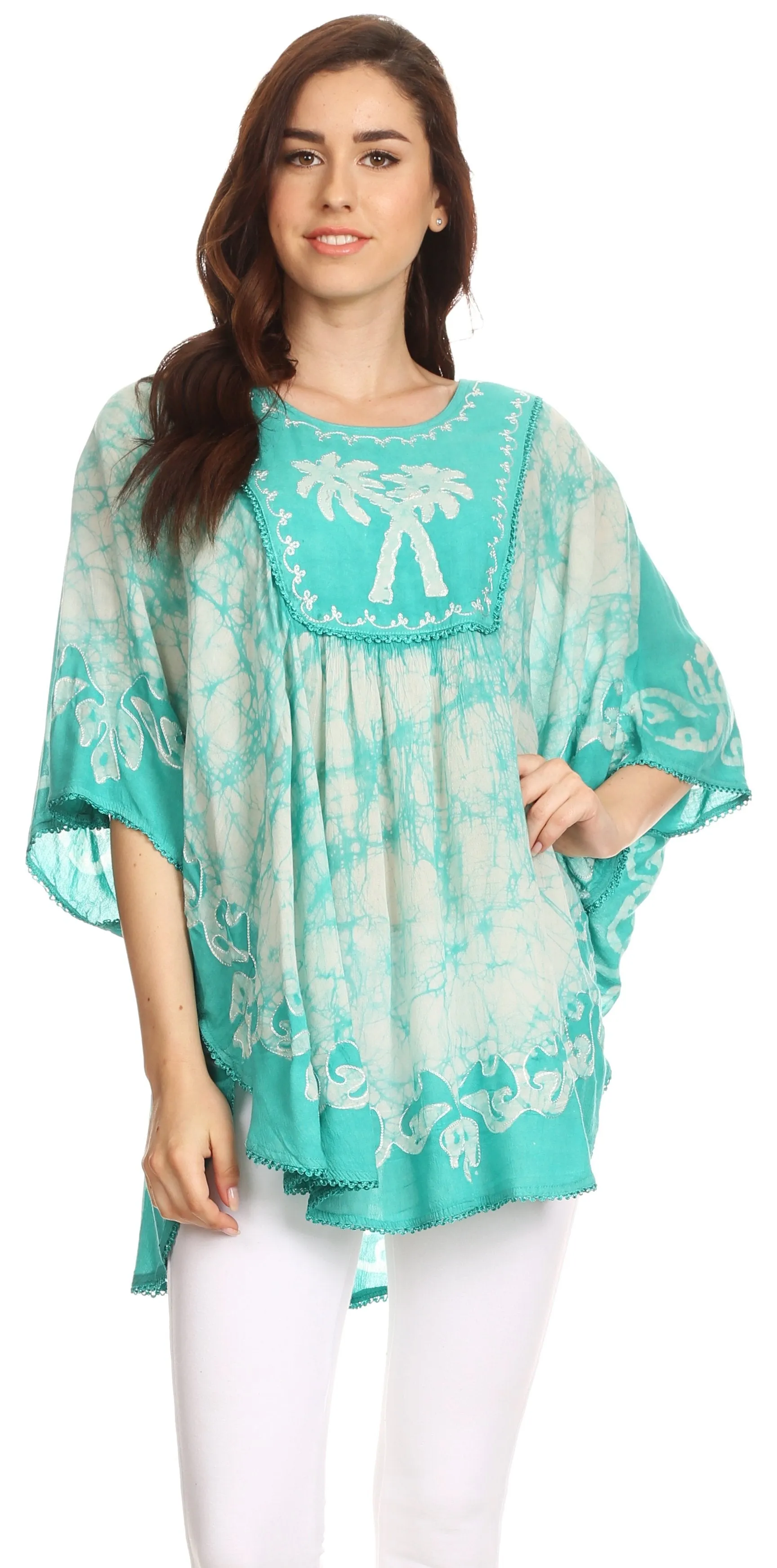 Sakkas Lynda Two Tone Batik Embroidered Palm Tree Peasant Top / Poncho