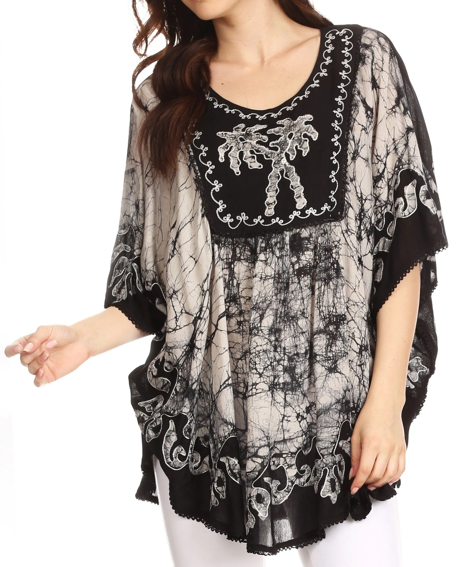 Sakkas Lynda Two Tone Batik Embroidered Palm Tree Peasant Top / Poncho