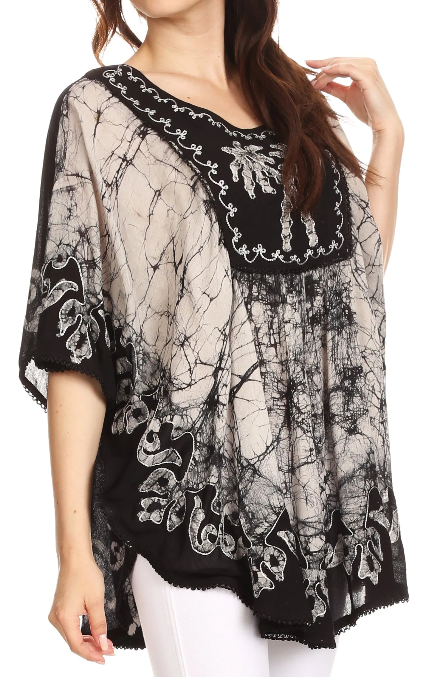 Sakkas Lynda Two Tone Batik Embroidered Palm Tree Peasant Top / Poncho