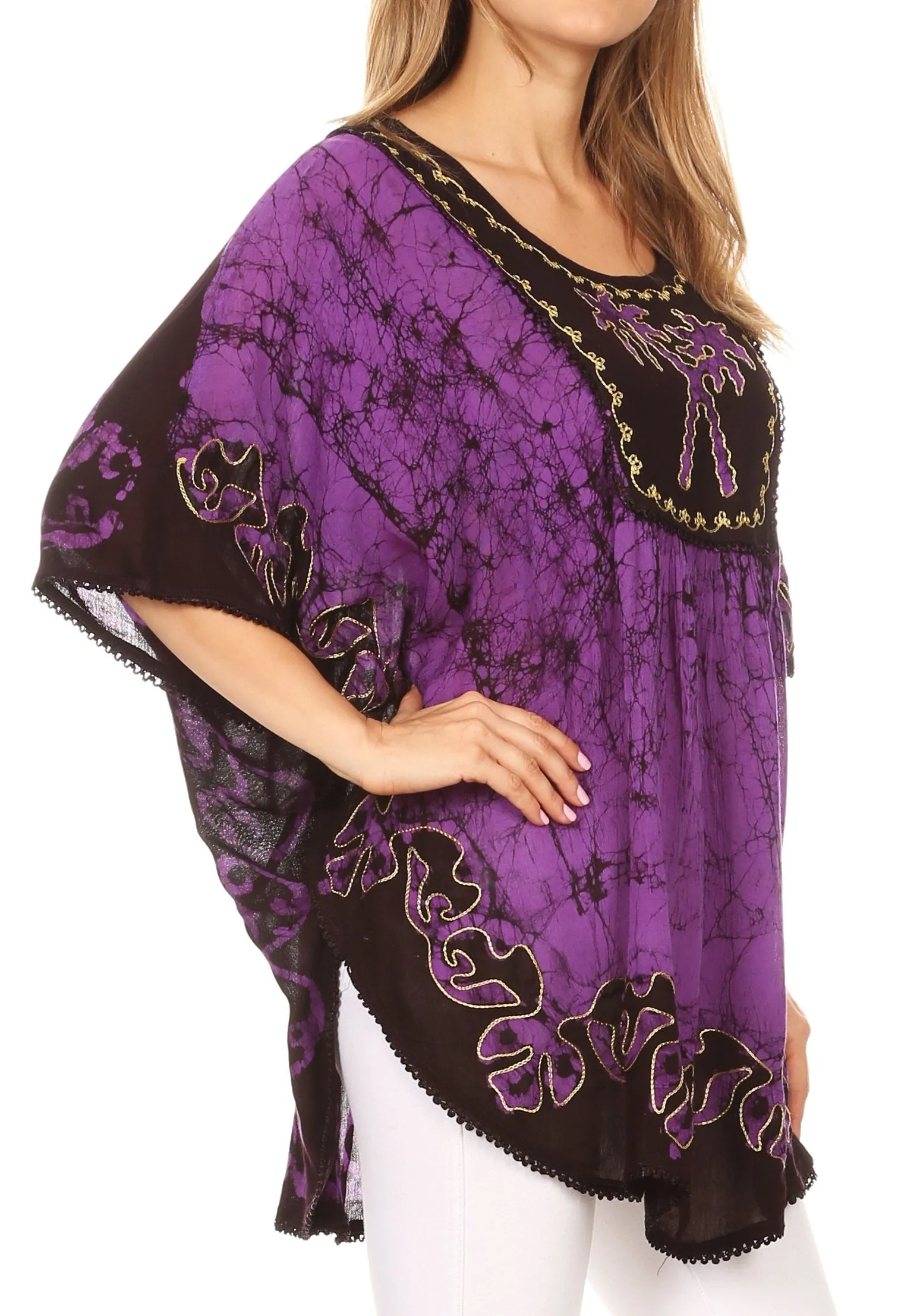 Sakkas Lynda Two Tone Batik Embroidered Palm Tree Peasant Top / Poncho