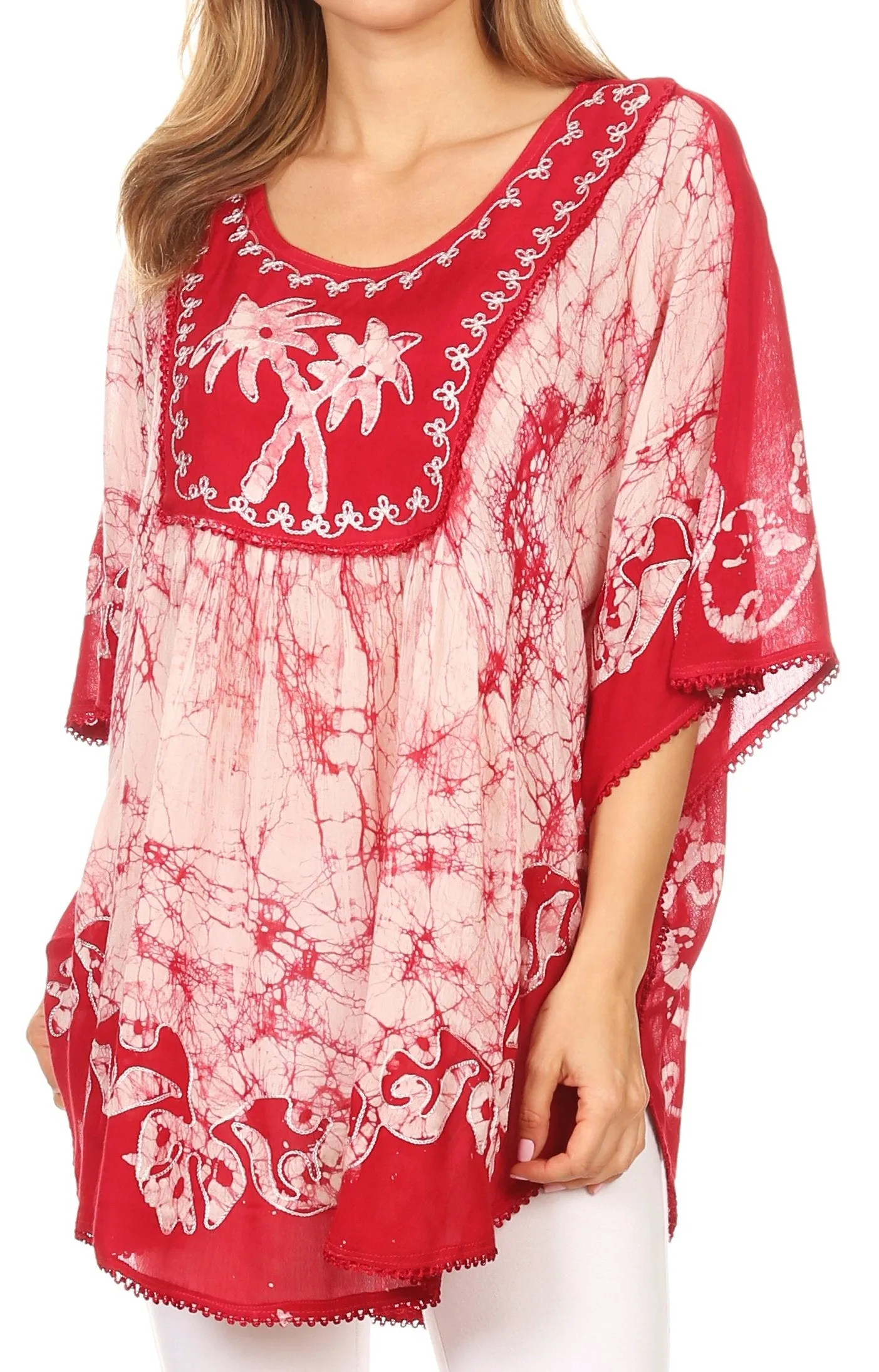 Sakkas Lynda Two Tone Batik Embroidered Palm Tree Peasant Top / Poncho