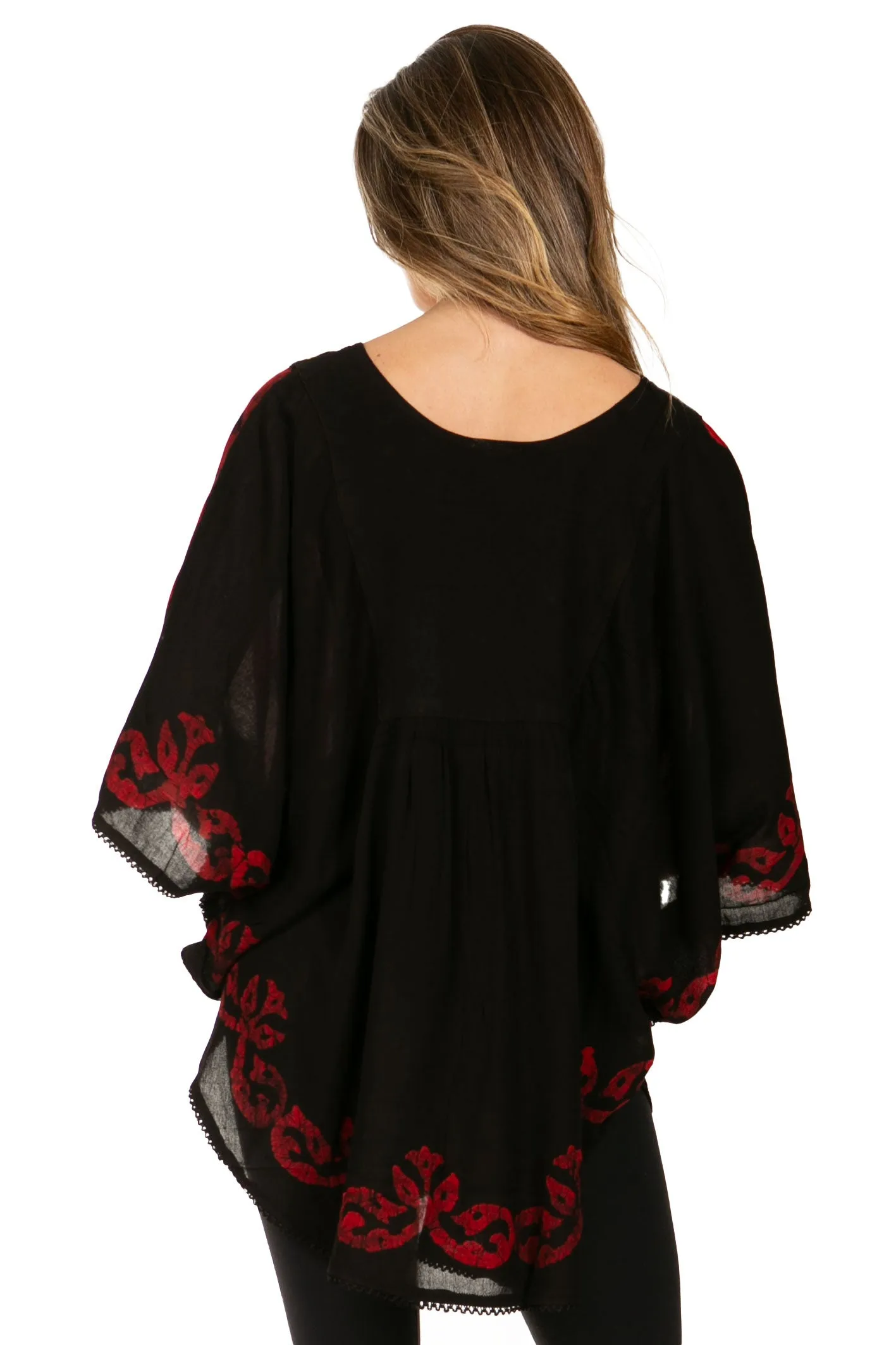 Sakkas Lynda Two Tone Batik Embroidered Palm Tree Peasant Top / Poncho