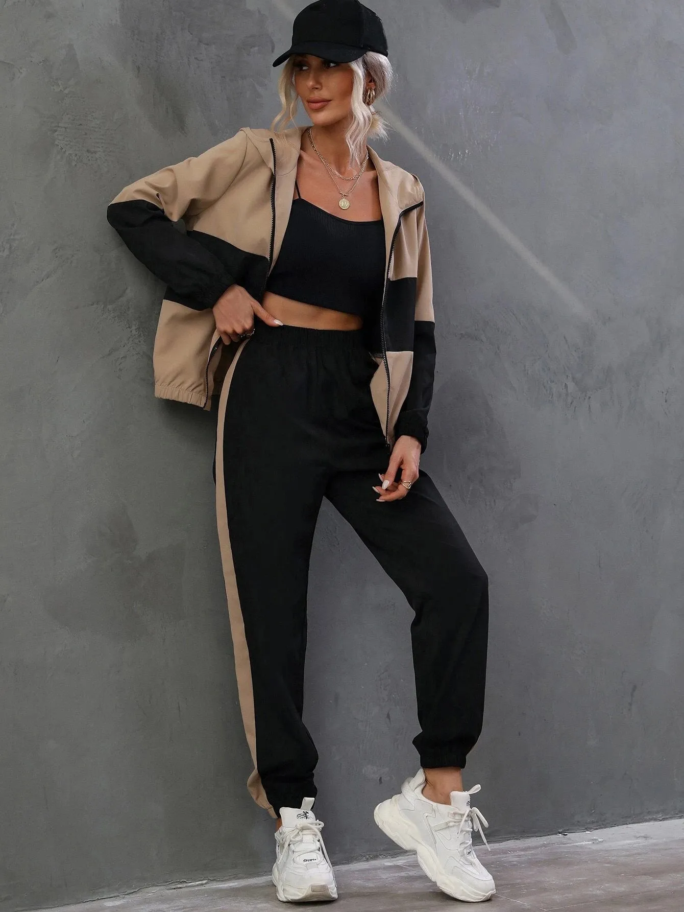 SHEIN Essnce Two Tone Zip Up Hooded Jacket & Pants