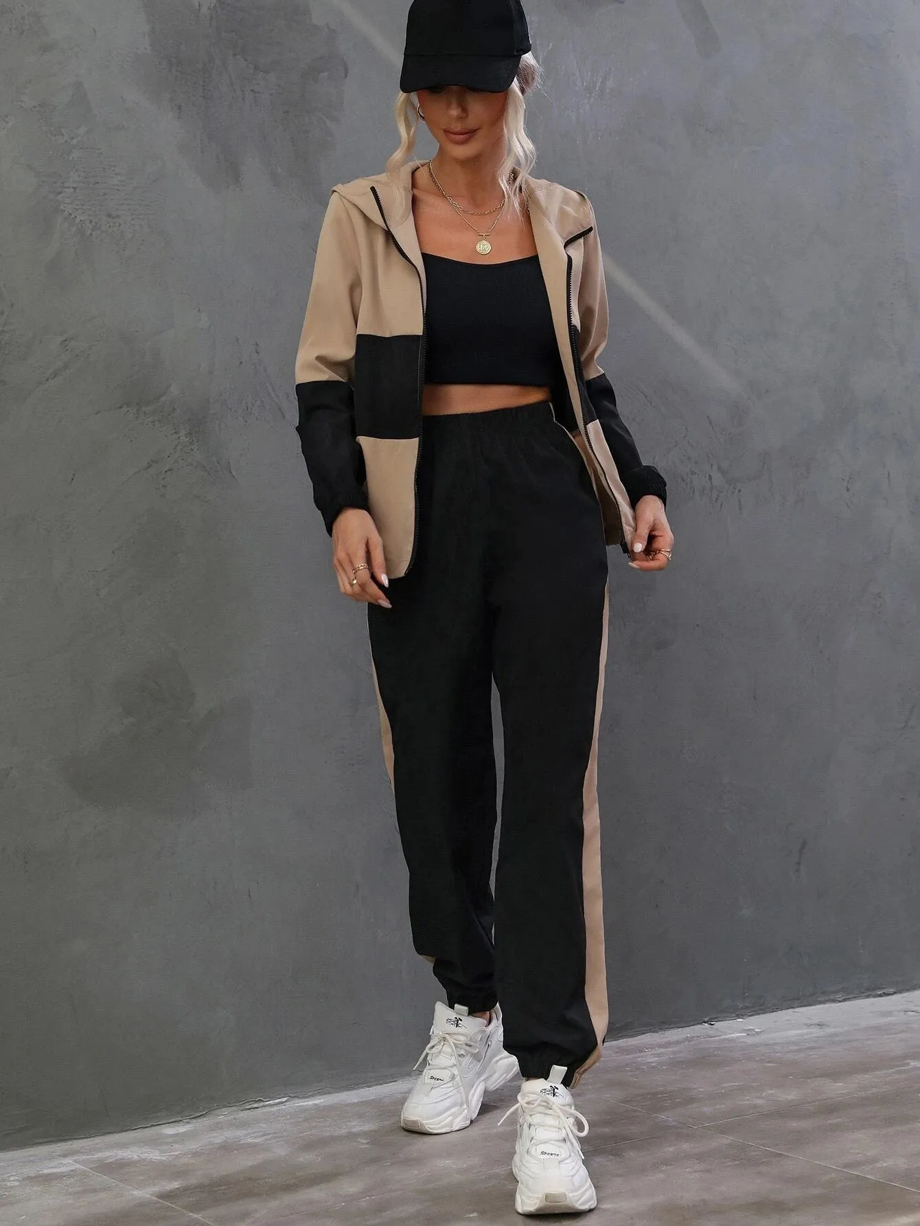 SHEIN Essnce Two Tone Zip Up Hooded Jacket & Pants