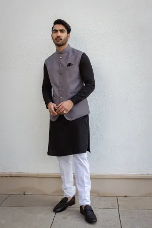 Silver Grey Raw Silk Nehru Jacket With Solid Black Kurta