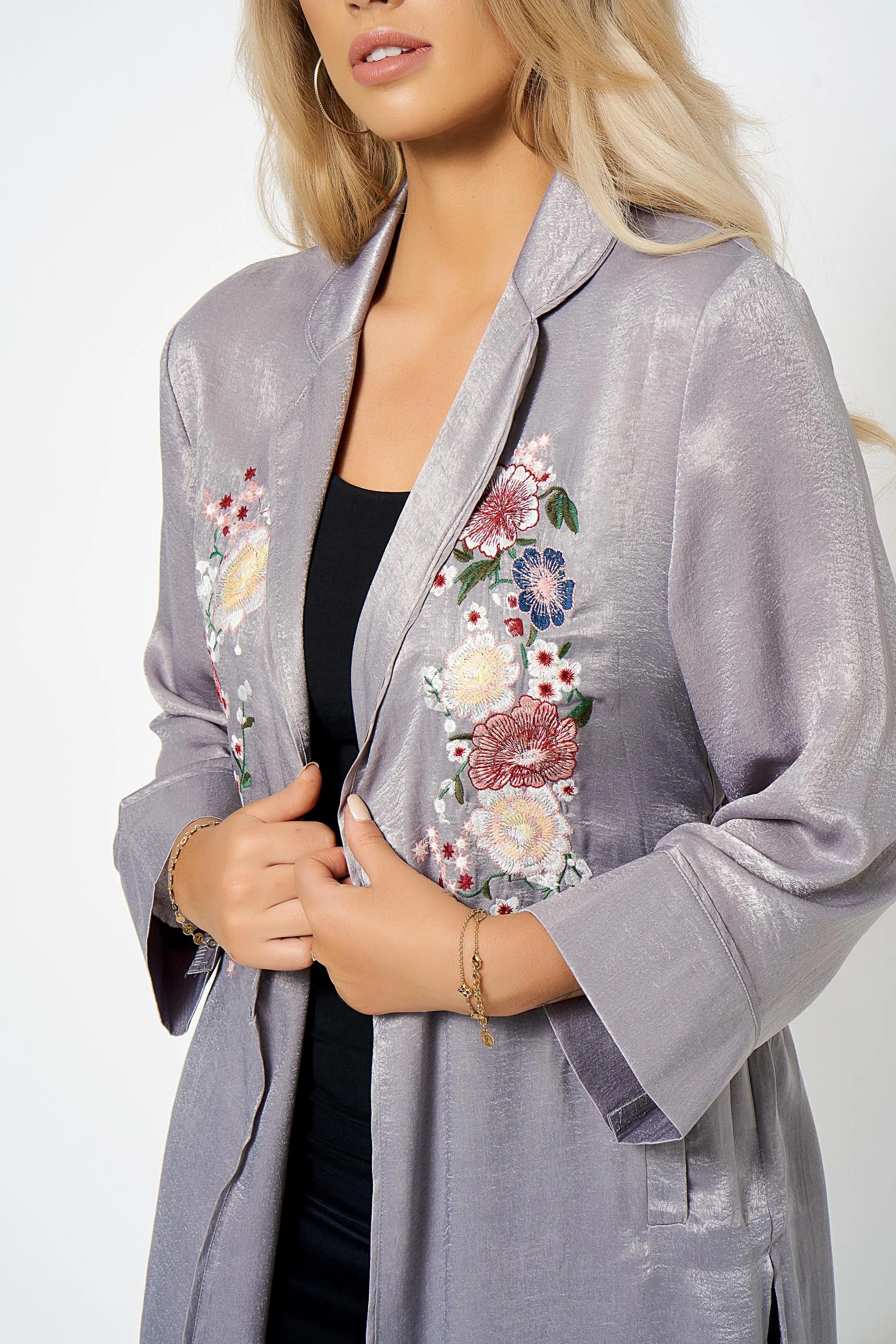 Silver Satin Embroidery Duster Coat