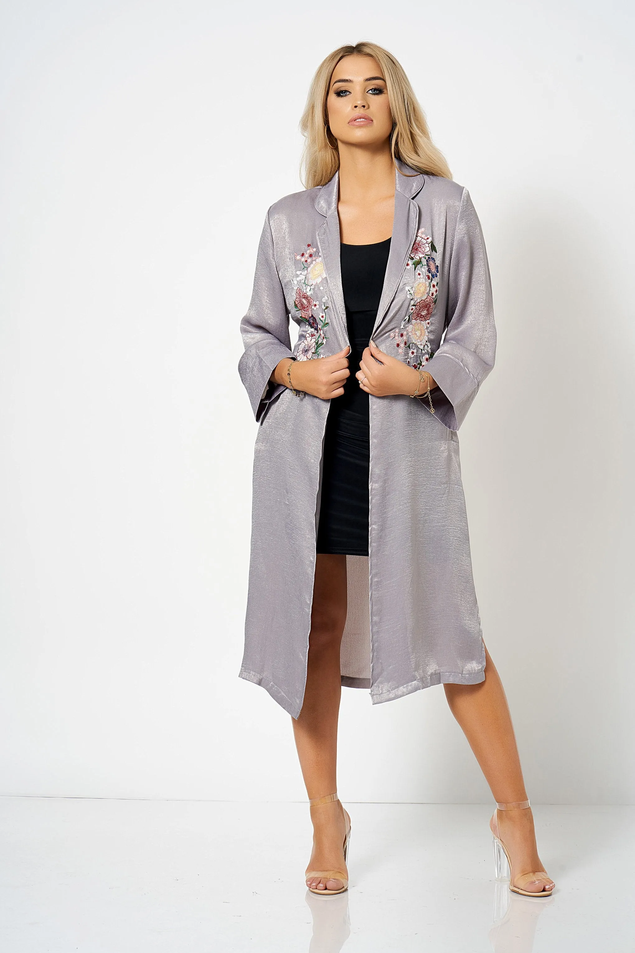 Silver Satin Embroidery Duster Coat