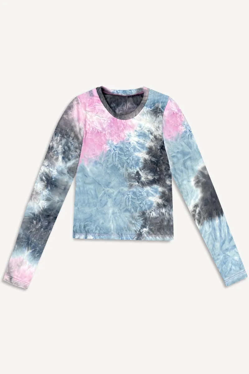 Simply Soft Long Sleeve Fitted Tee - Grey Pink Denim Tie Dye