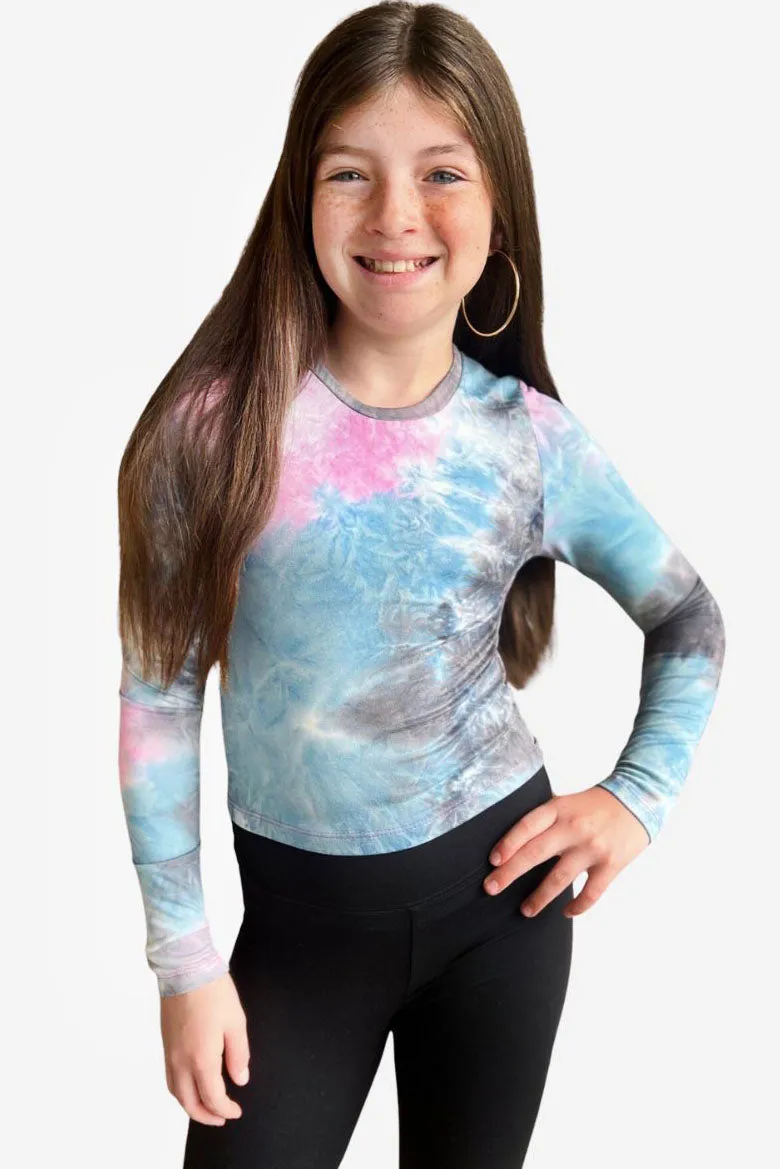 Simply Soft Long Sleeve Fitted Tee - Grey Pink Denim Tie Dye