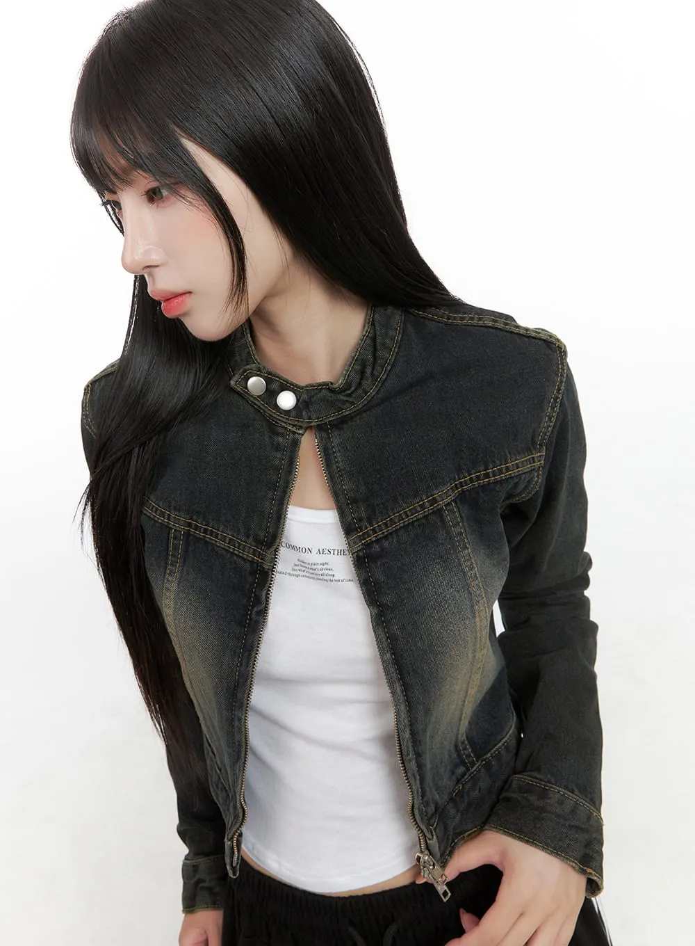 Snap-Button Neck Washed Denim Crop Jacket CG430