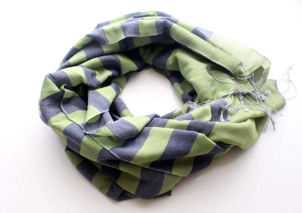 Soft and Silky Dark Blue Stripe Green Color Water Pashmina Shawl